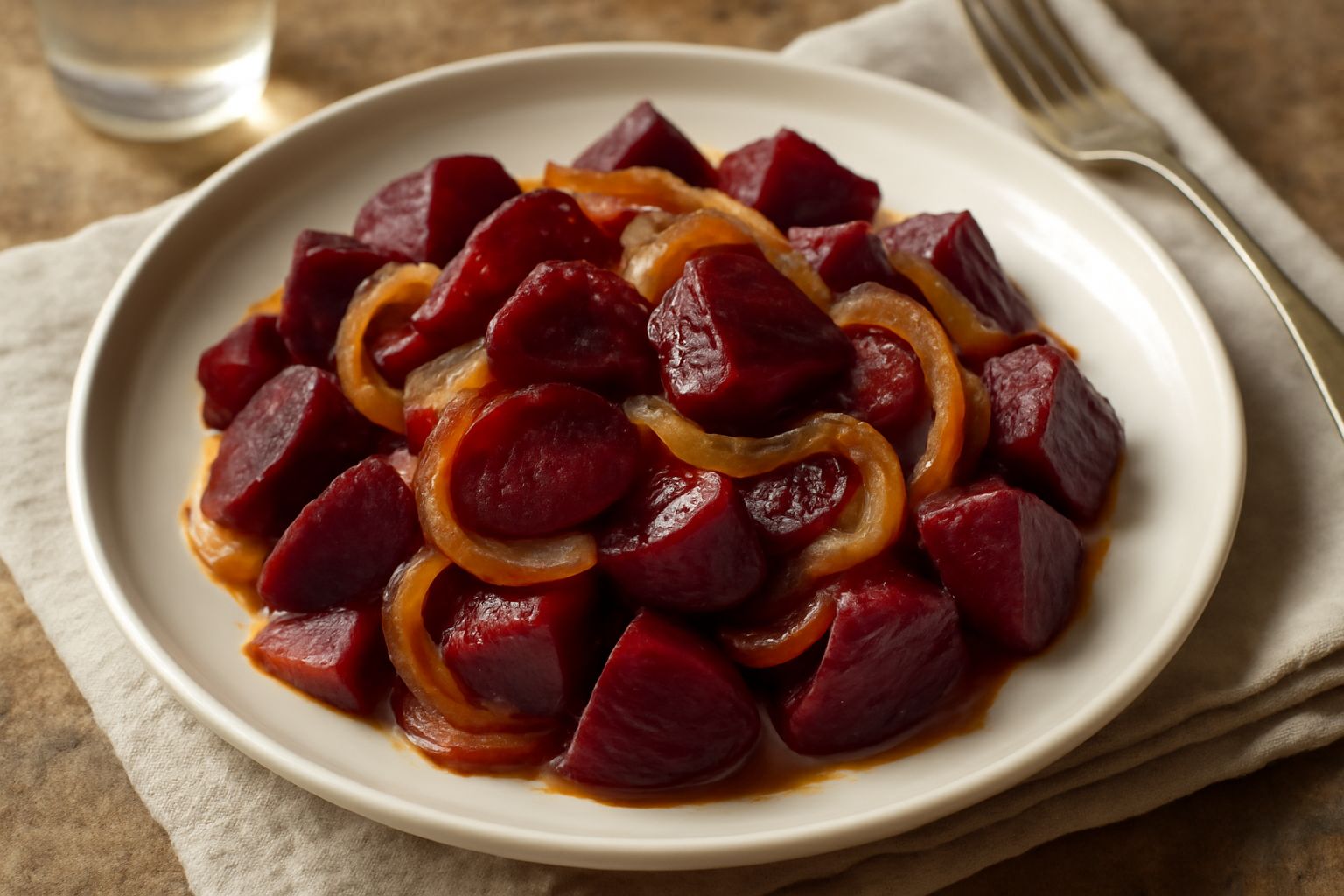 Barbabietola tagliata a dadini rosso scuro mischiata a cipolle bionde caramellate in un piatto bianco, con qualche filo di cipollotto fresco verde sopra
