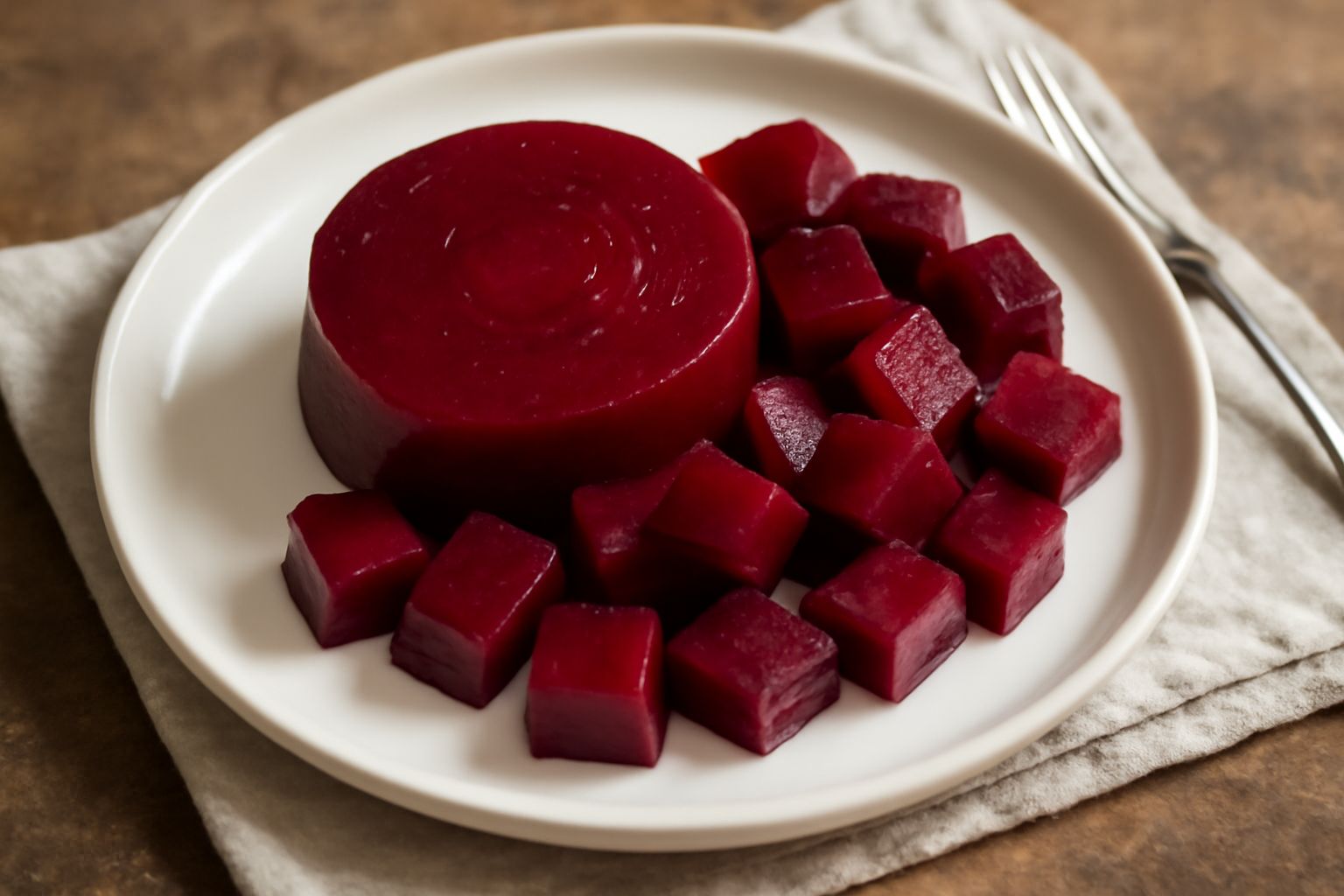 Barbabietole cotte tagliate a dadini su un piatto bianco, colore rosso scuro intenso, superficie lucida, contorno di prezzemolo fresco verde, sfondo neutro