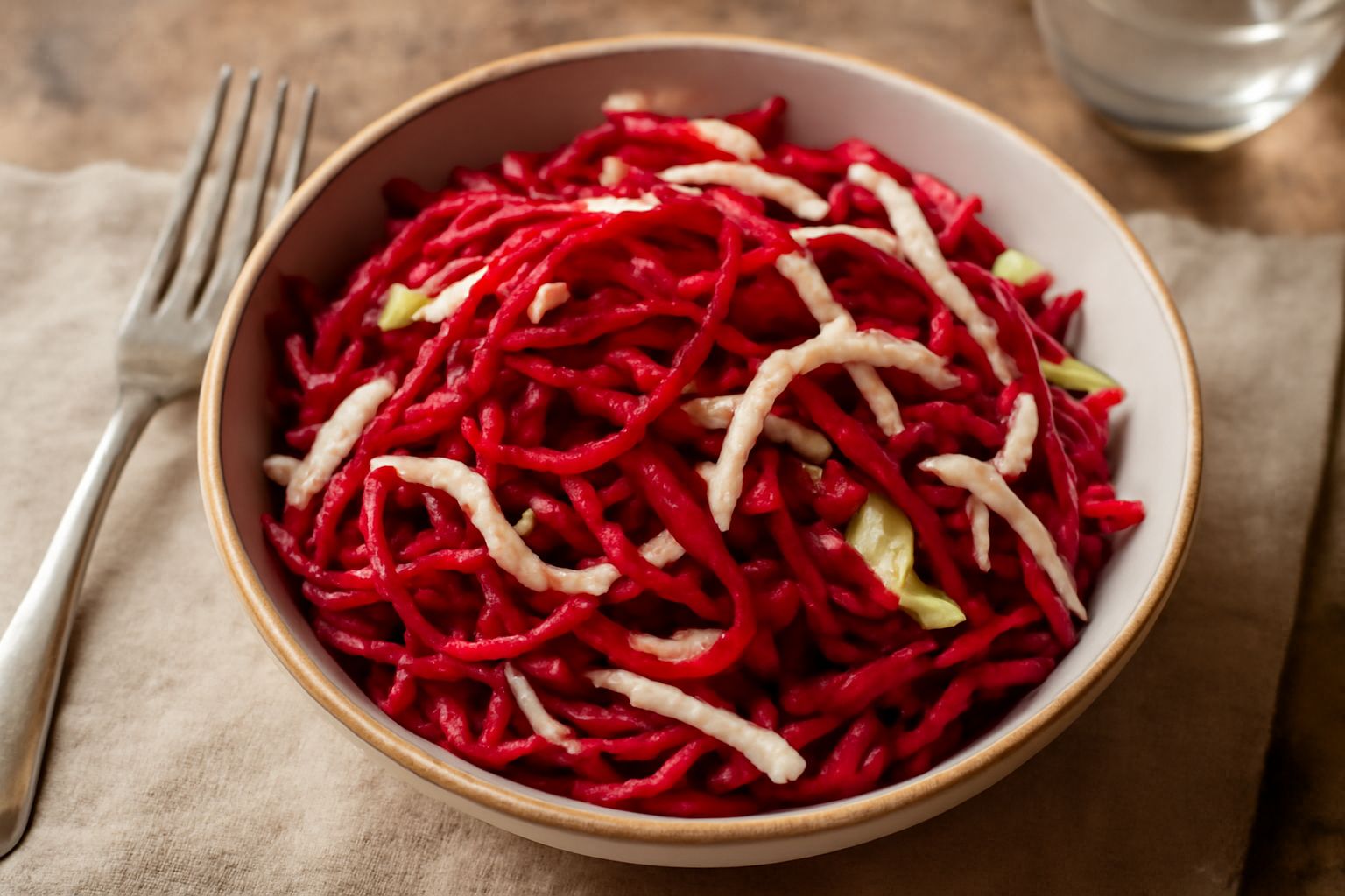 Insalata di barbabietola e cavolo in una ciotola bianca: strisce di barbabietola rossa acceso, cavolo bianco finemente tagliato, tutto croccante e umido, con una spruzzata di olio dorato in superficie