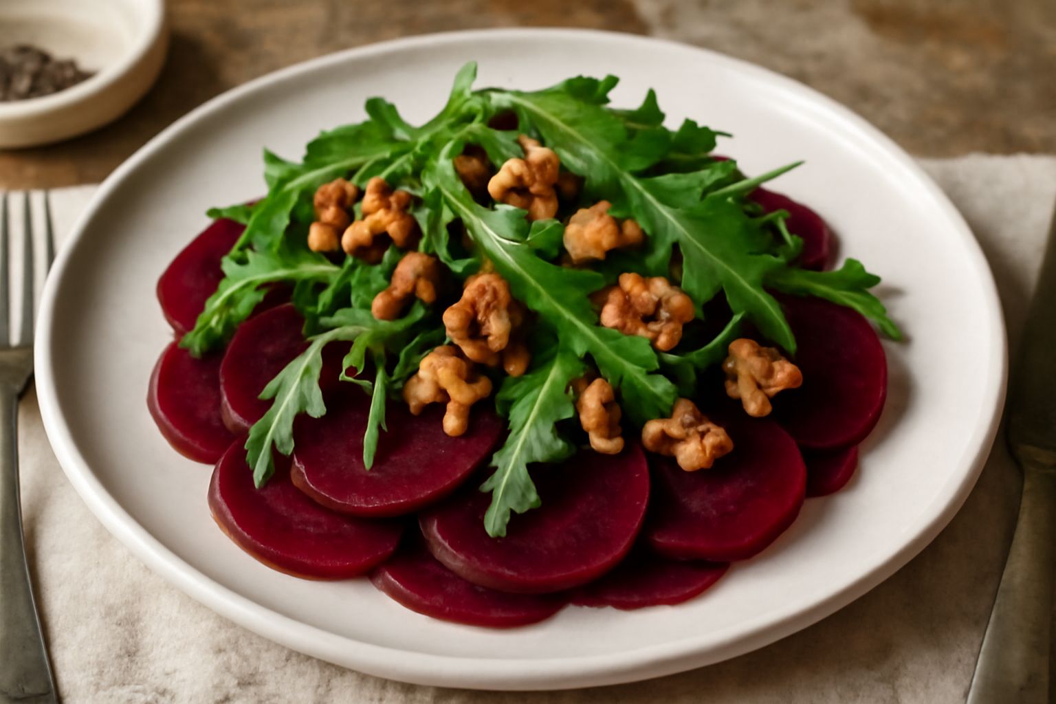 Insalata in ciotola bianca con fette di barbabietola rossa brillante, noci tostate color marrone, rucola verde e scaglie di formaggio bianco, condita con olio dorato
