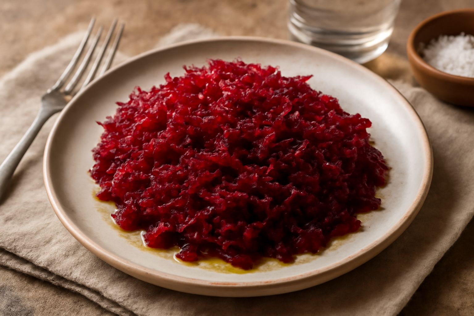 Barbabietola rossa grattugiata su un piatto bianco, con ciuffi di rucola fresca e semi di sesamo, contrastata da una ciotola di yogurt bianco accanto