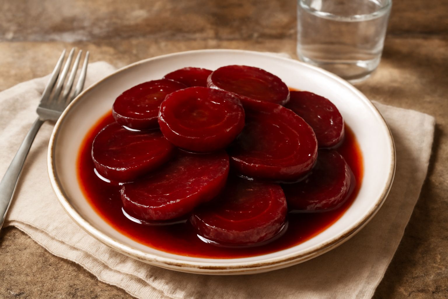 Barbabietola affettata in agrodolce in una ciotola di vetro, rosso intenso, con fette sottili coperte da sciroppo trasparente con riflessi dorati, guarnita con un rametto di prezzemolo fresco