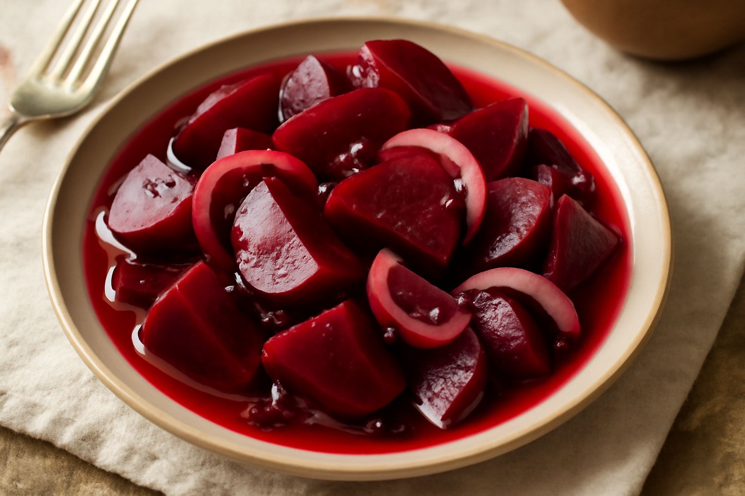 Barattolo di vetro con barbabietole rosso scuro tagliate a cubetti, immerse in liquido trasparente con spezie visibili, fette di cipolla bianca, bacche di ginepro e chiodi di garofano
