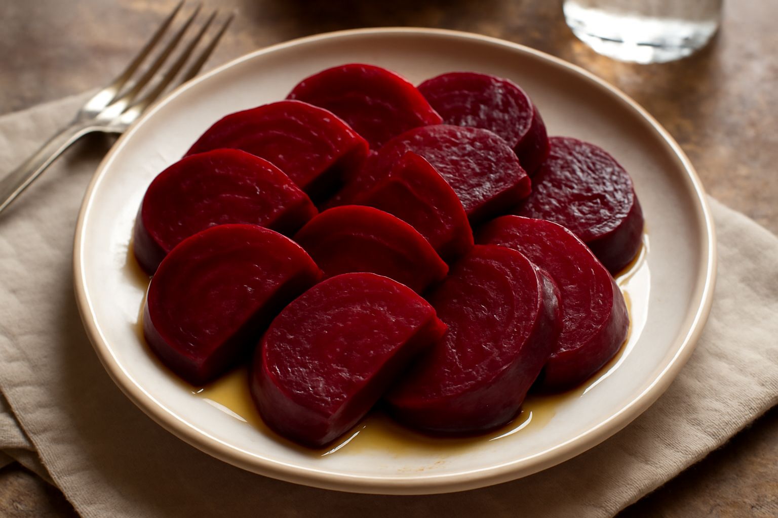 Barbabietola lessa tagliata a dadini su un piatto bianco con bordi di terra ancora visibili, colore rosso scuro intenso, accompagnata da rucola fresca e scaglie di parmigiano