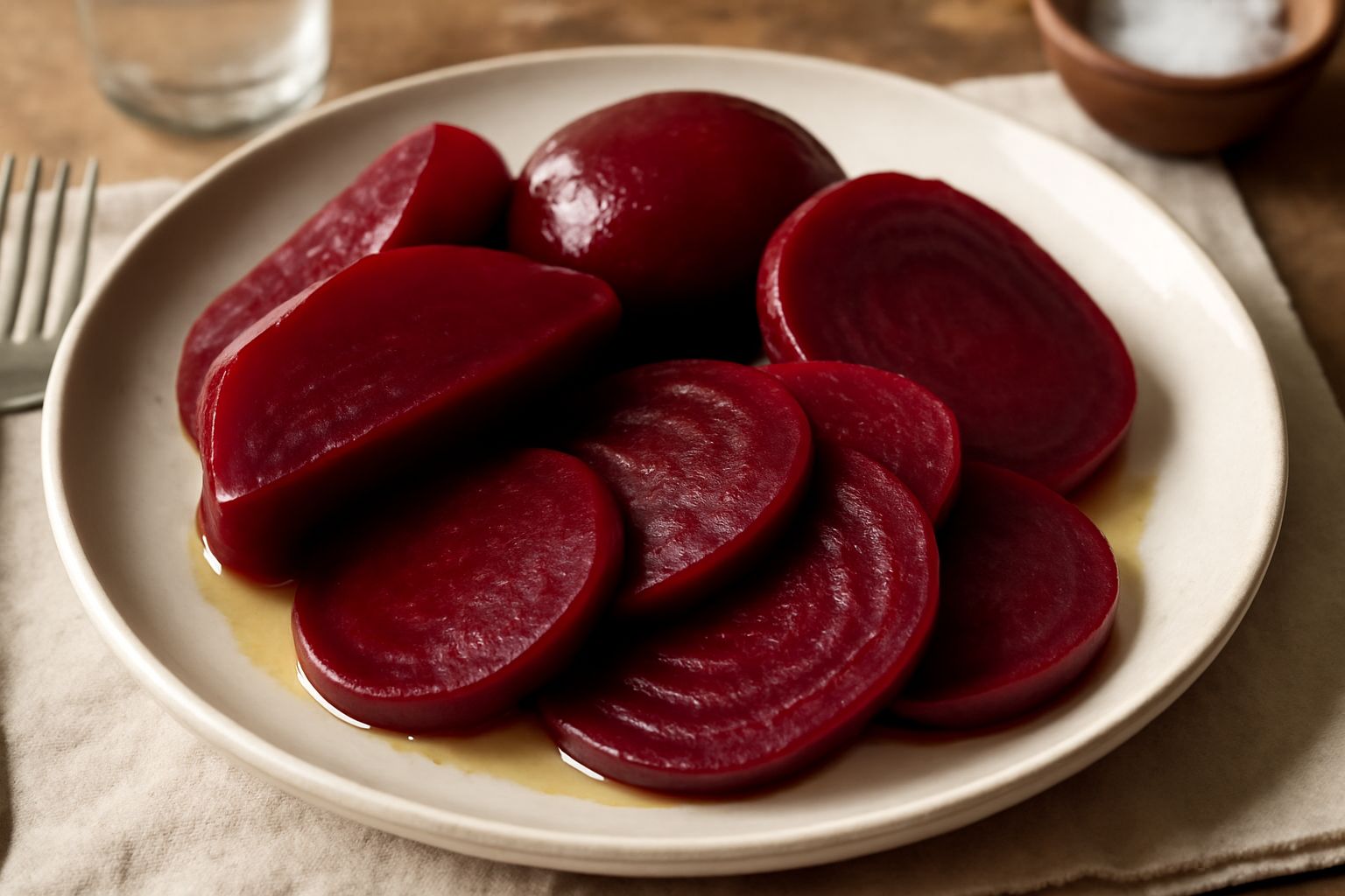 Barbabietole lessate tagliate a fette su un piatto bianco, colore rosso intenso e uniforme, con buccia lucida e un filo di olio d'oliva versato sopra