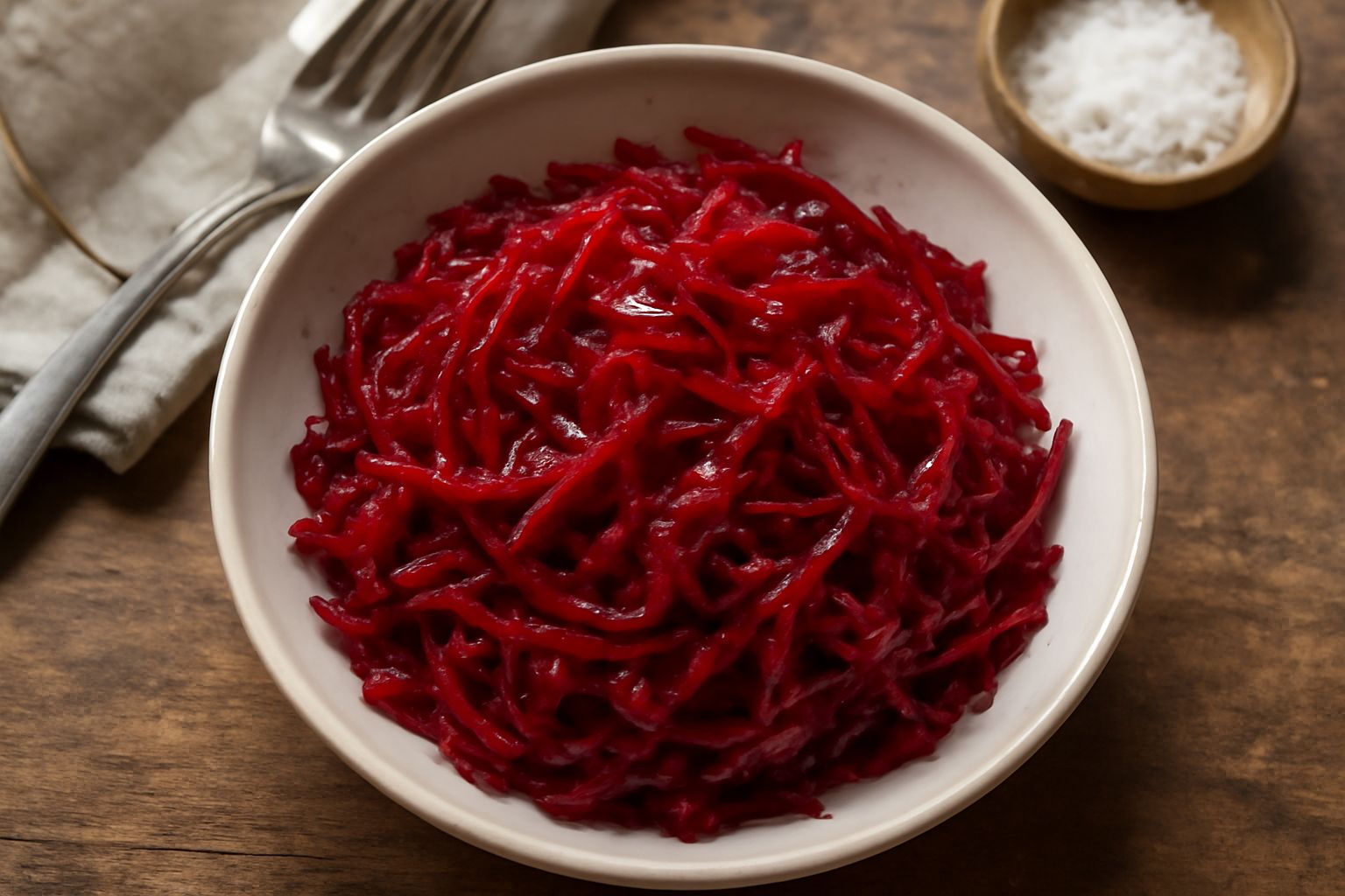 Barbabietola rossa grattugiata in una ciotola di ceramica bianca, colore rosso intenso con filamenti lunghi uniformi, condita con gocce d'olio e qualche cristallo di sale marino, accompagnata da una g