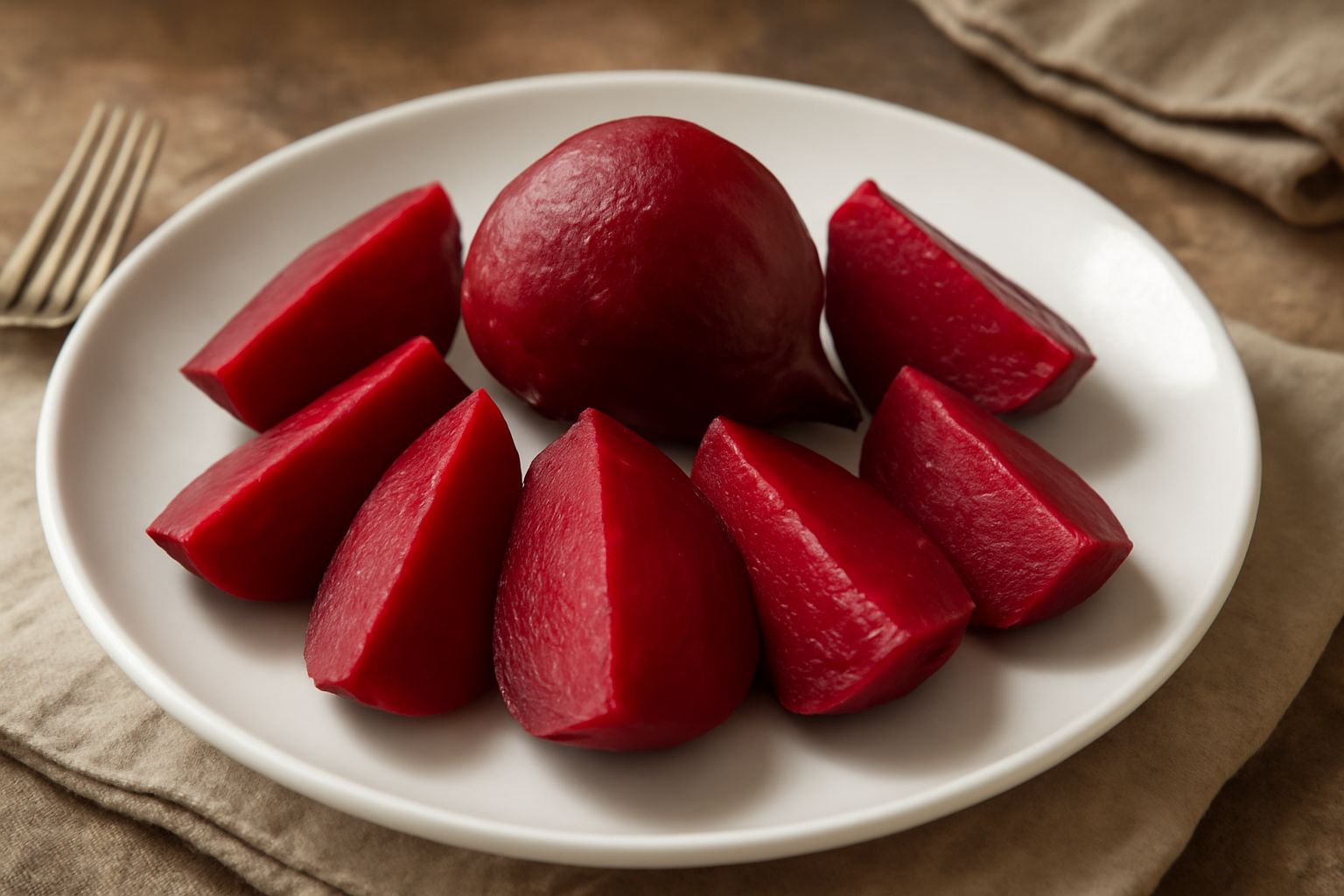 Barbabietole rosse lessate intere e tagliate a fette su un piatto bianco, dalla buccia viola scuro e polpa rosso intenso, bagnate da una leggera lucentezza, accompagnate da qualche foglia di prezzemol