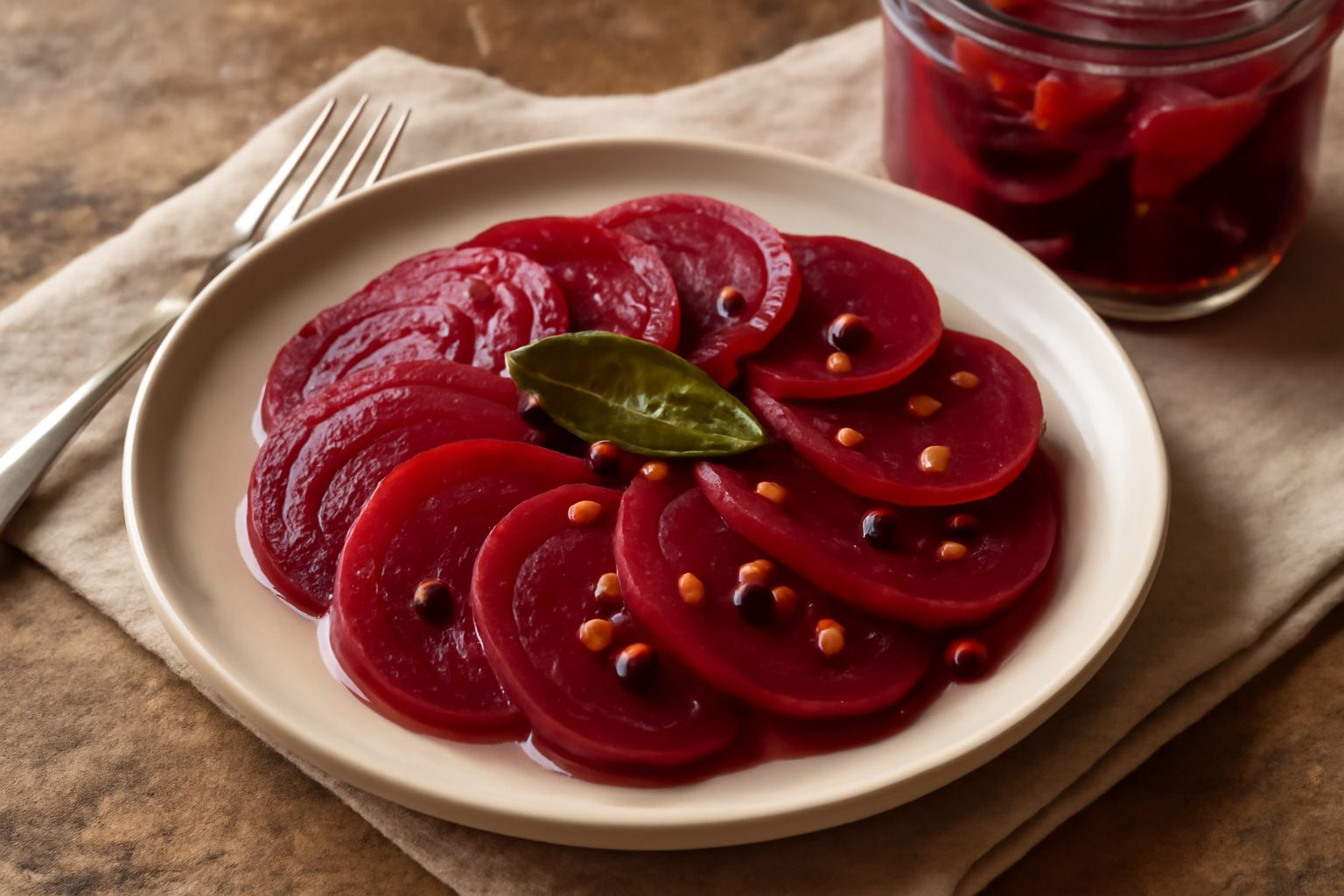 Barbabietole tagliate a fette sottili di colore rosso intenso, disposte in un vasetto di vetro trasparente con aceto bianco, con grani di senape gialli e foglie di alloro visibili nel liquido; il vase