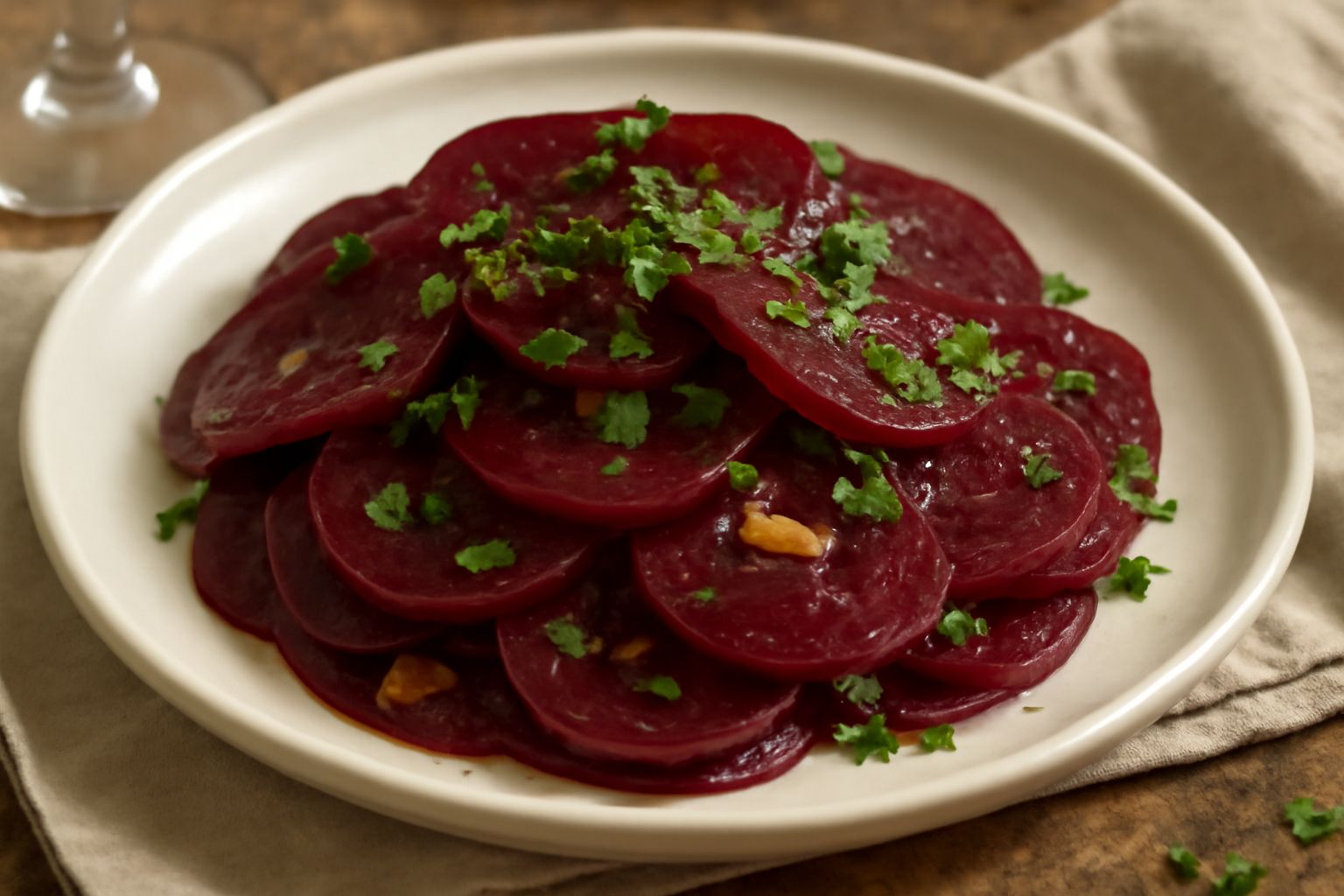 Barbabietola trifolata nel piatto: fettine rosso scuro di barbabietola, aglio dorato e prezzemolo verde sopra, in olio d'oliva, presentata su fondo bianco