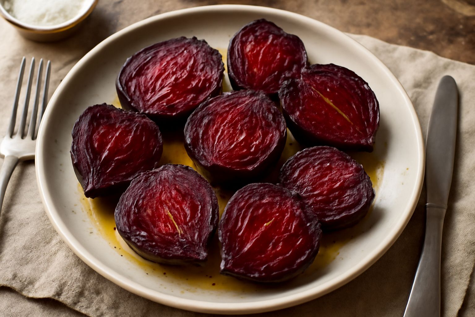 Barbabietole rosso scuro intere, tagliate a metà, disposte su una teglia bianca da forno con bordi caramellati e lucide di olio, foglie verdi ancora attaccate