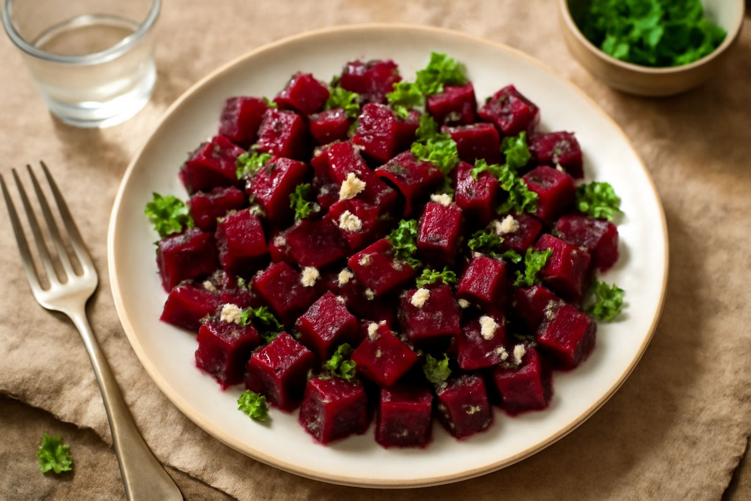 Barbabietole tagliate a dadini rosso scuro in un piatto bianco, irrorate di olio dorato e cosparse di aglio affettato sottile, contorno verde di prezzemolo fresco