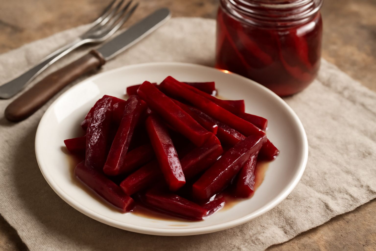 Barbabietole rosse tagliate a listarelle in un barattolo di vetro trasparente, coperte da liquido acido che brilla alla luce, con qualche grano di senape e uno stelo di rosmarino in primo piano