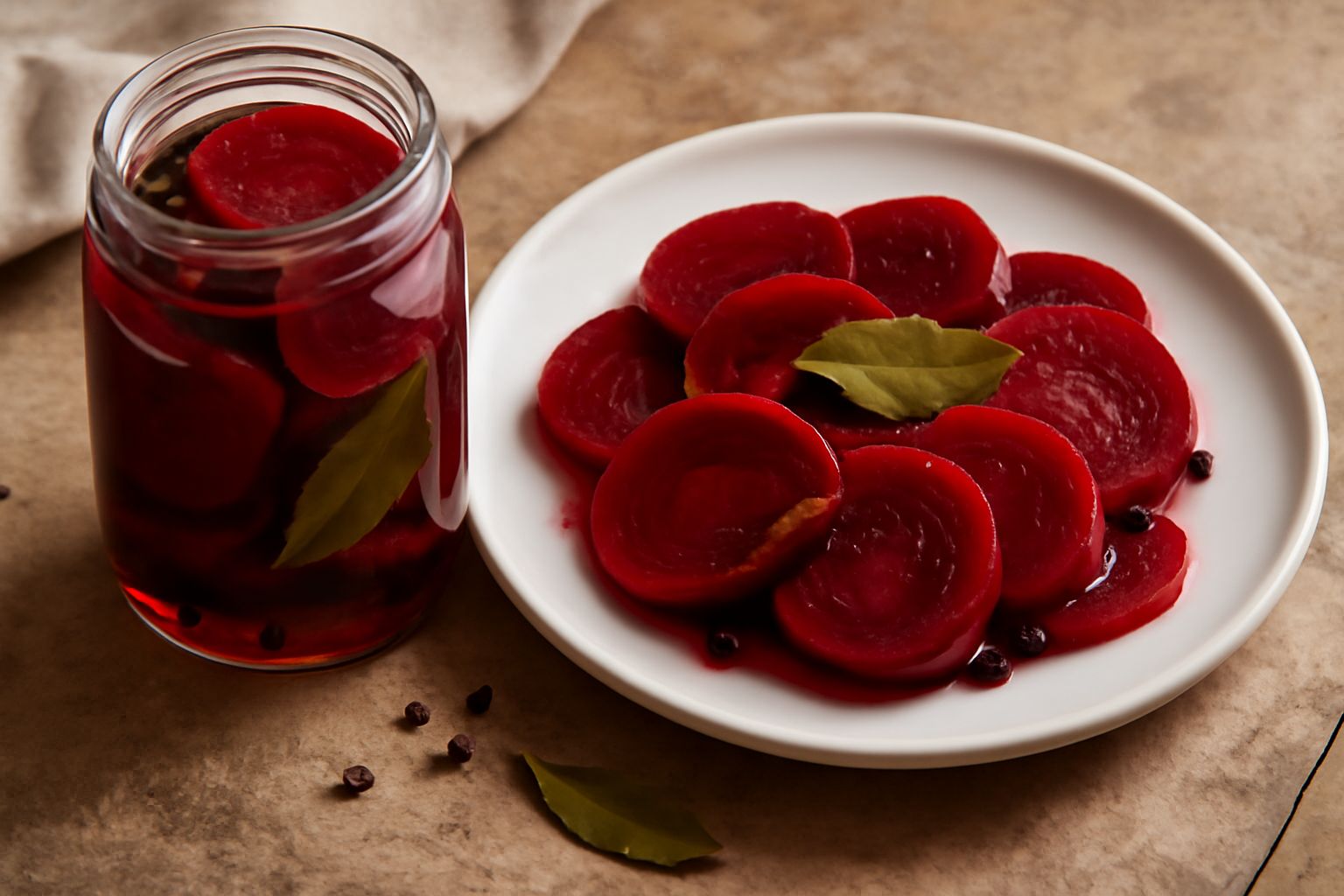 Barbabietole sott'aceto in barattolo di vetro: fette color rosso scuro brillante, lucide di aceto, con un baccello di peperoncino rosso e bacche di ginepro visibili nel liquido trasparente e rosato