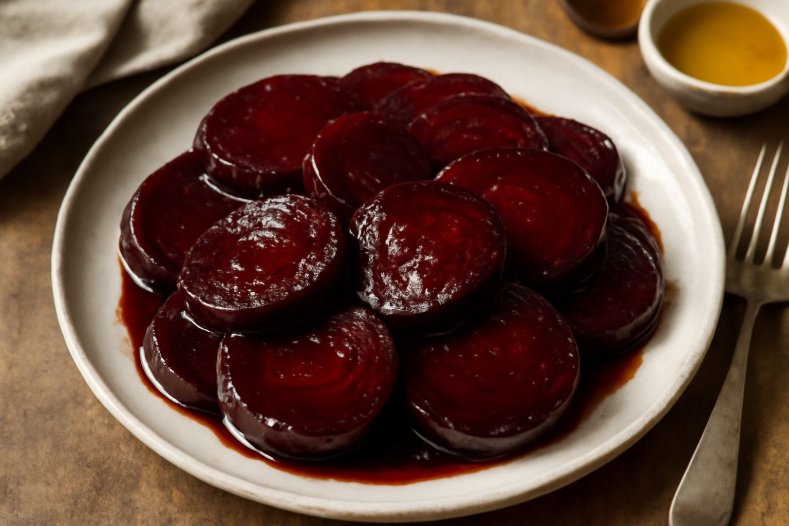 Barbabietole rosse tagliate a fette sottili, lucide di aceto balsamico scuro, disposte a ventaglio in un piatto bianco con gocce di olio, accompagnate da foglie di prezzemolo fresco
