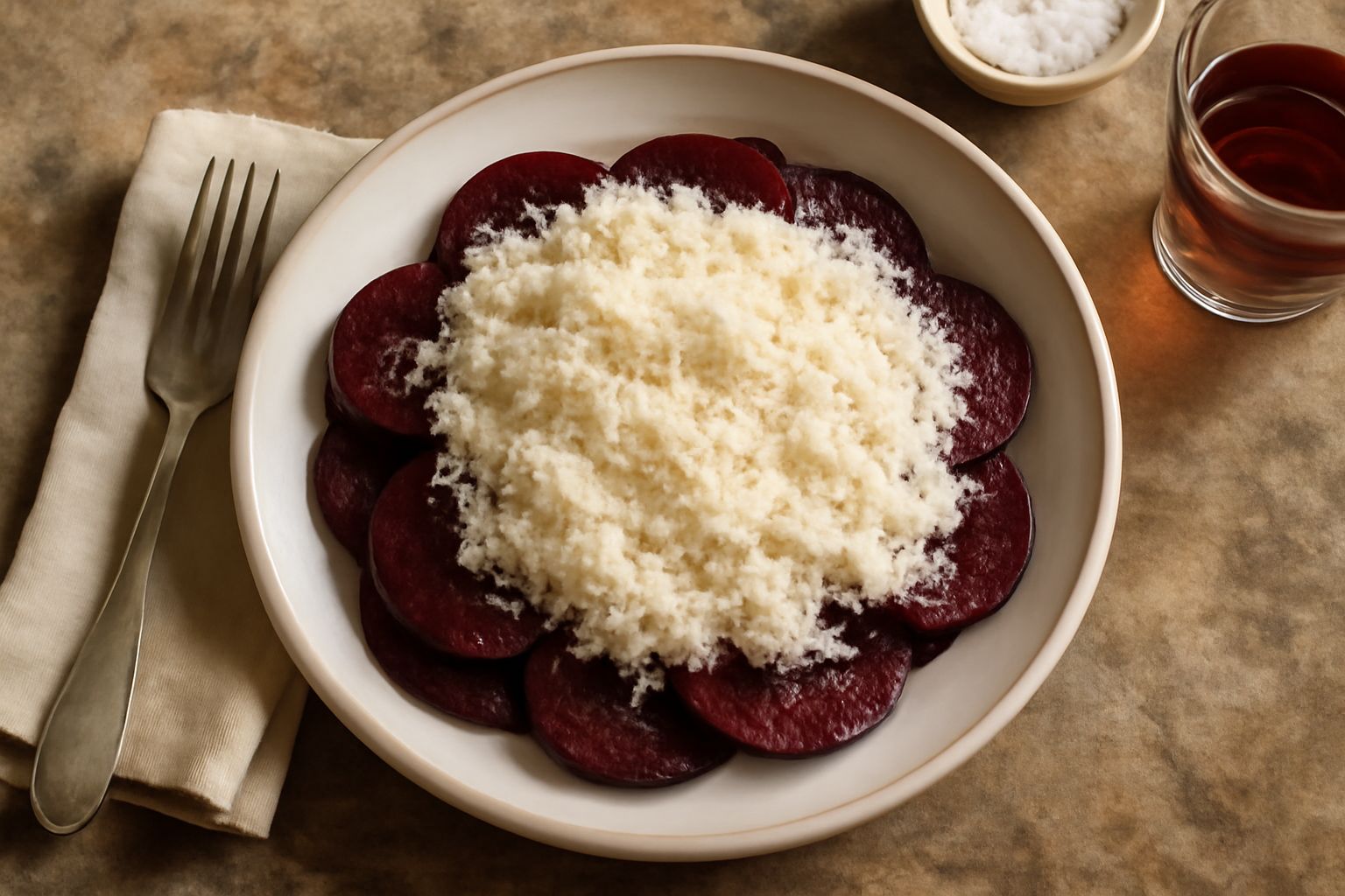 Piatto bianco con barbabietole bolognesi tagliate a fette, rosso scuro e brillante, coperte di rafano grattugiato bianco latteo, con qualche goccia d'olio che lucida la superficie. Una fogliolina di p