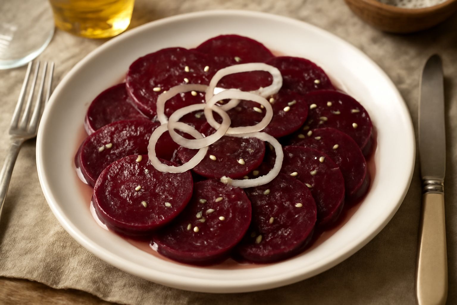 Barbabietole viola scuro tagliate a fette sottili disposte in un piatto bianco, coperte di aceto e spezie, con qualche filo di cipolla cruda in superficie