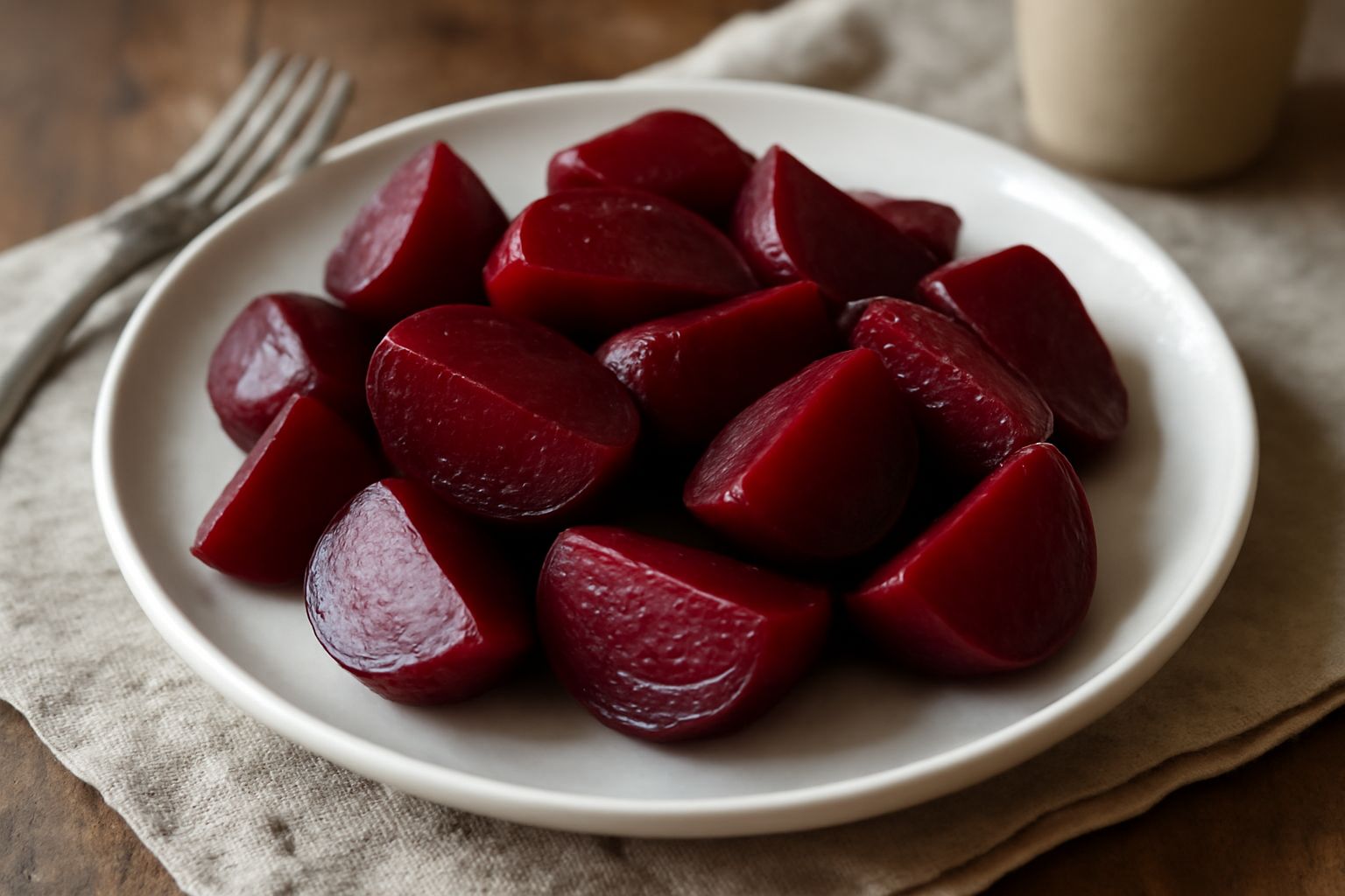Barbabietole cotte rosse tagliate a spicchi su un piatto bianco con olio d'oliva, sale marino e qualche foglia di prezzemolo fresco
