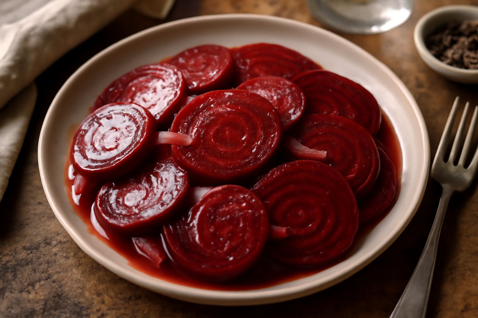Barbabietole tagliate a fettine in una ciotola di vetro, di colore rosso profondo, lucide di liquido agrodolce, con lamette di cipolla bianca e erbe aromatiche, in primo piano.