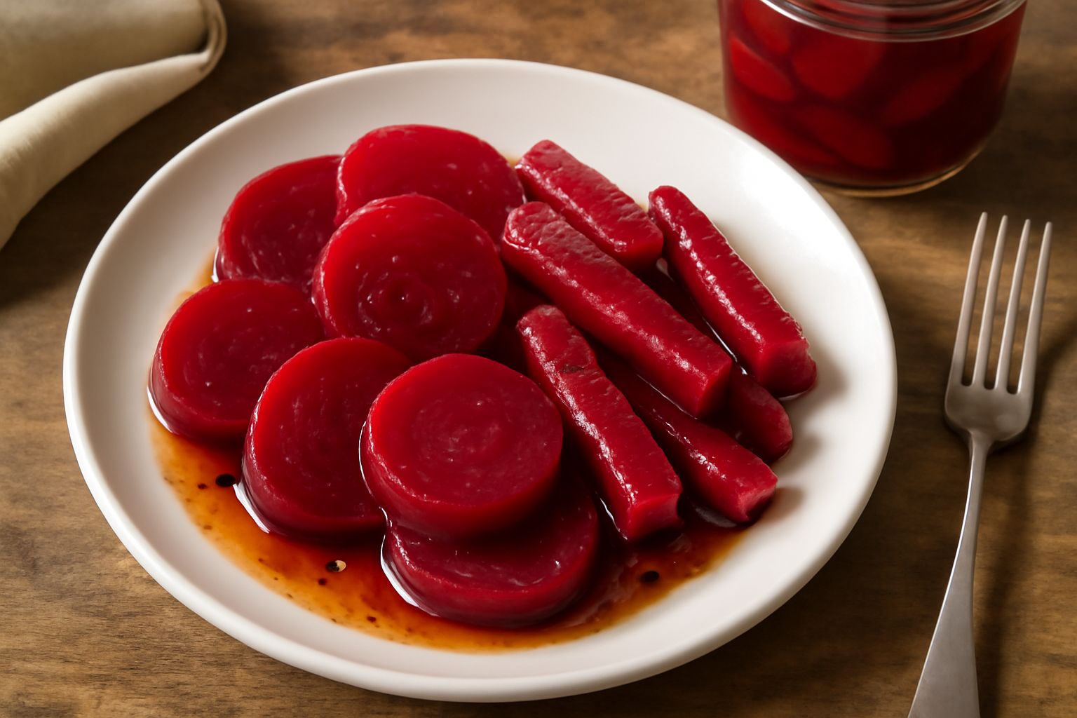 Barattoli di vetro con barbabietole affettate di colore rosso intenso immerse in liquido trasparente, spezie visibili, sfondo di legno chiaro