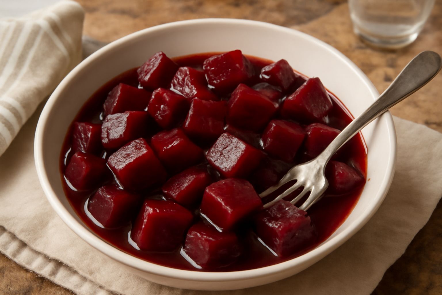Barbabietole in umido in una ciotola bianca, cubetti rosso scuro brillante in brodo leggero, con fogli di salvia verde e aglio visibile, contorno panna