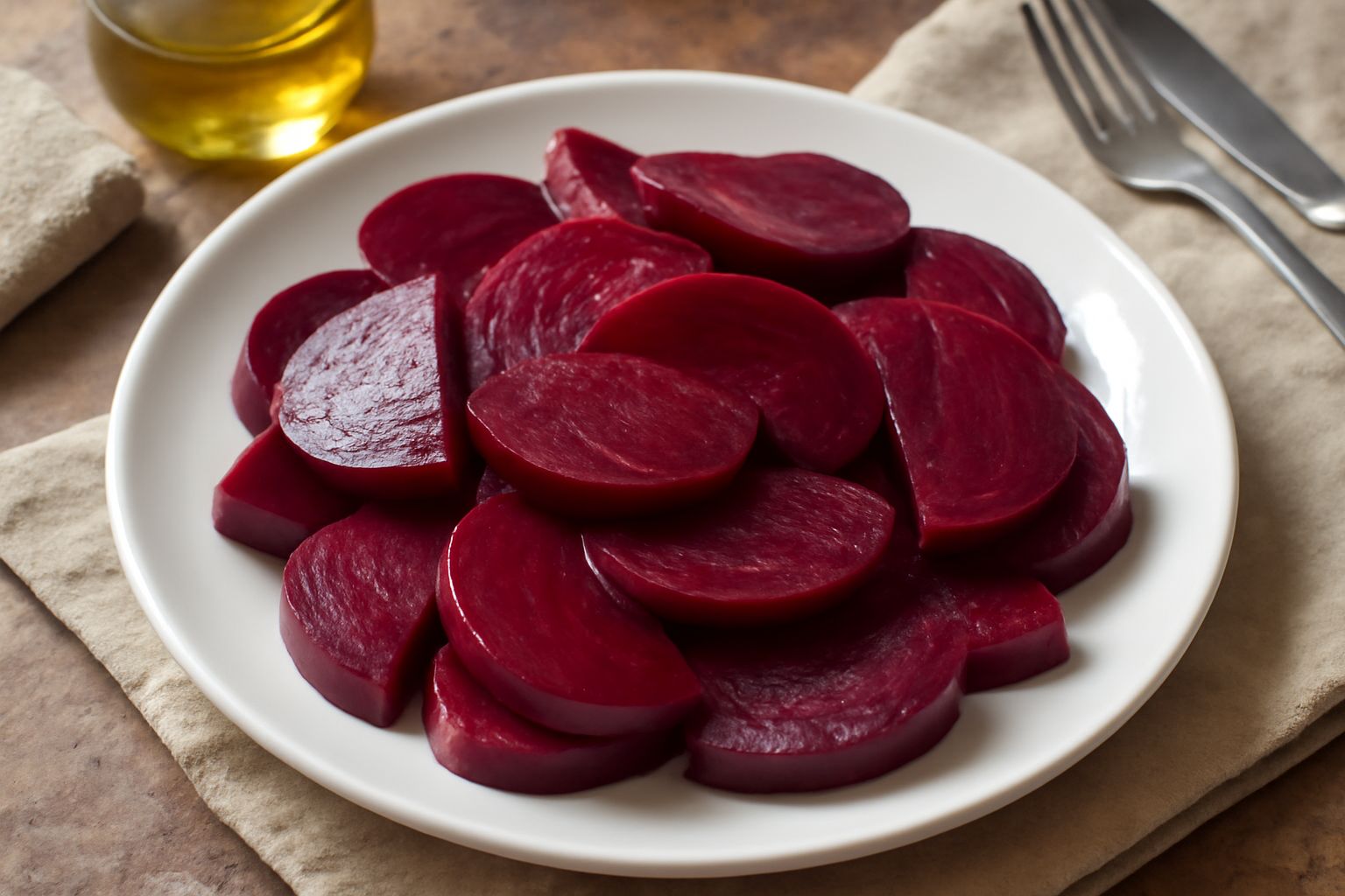 Barbabietole lesse tagliate a dadini, dal colore rosso intenso, disposte in un piatto bianco con olio d'oliva, aceto balsamico e prezzemolo fresco tritato