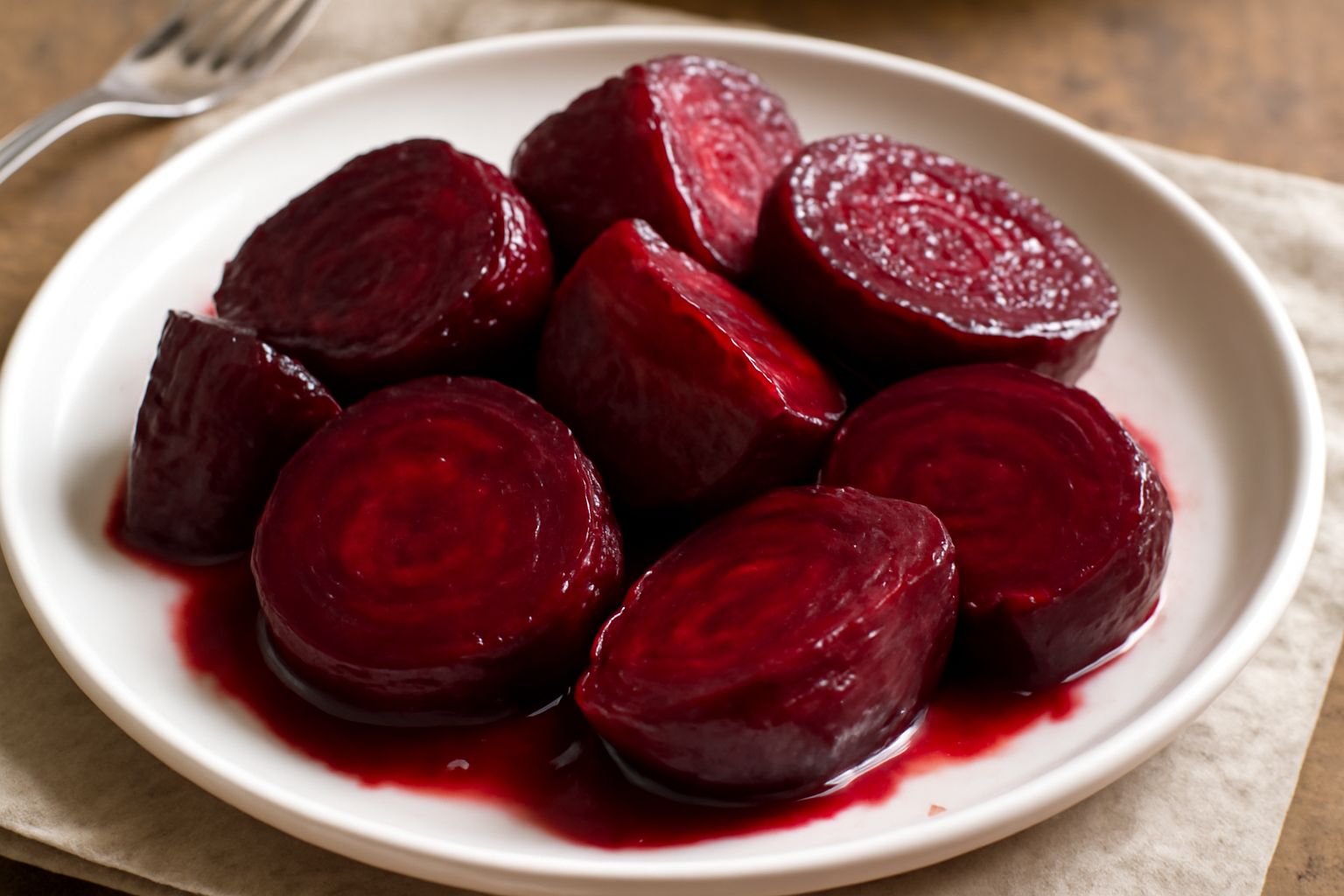 Barbabietole rosse tagliate a fette spesse su un piatto bianco, con la pelle ancora parzialmente aderente, un filo di olio di oliva, foglioline di prezzemolo fresco e sale grosso visibile
