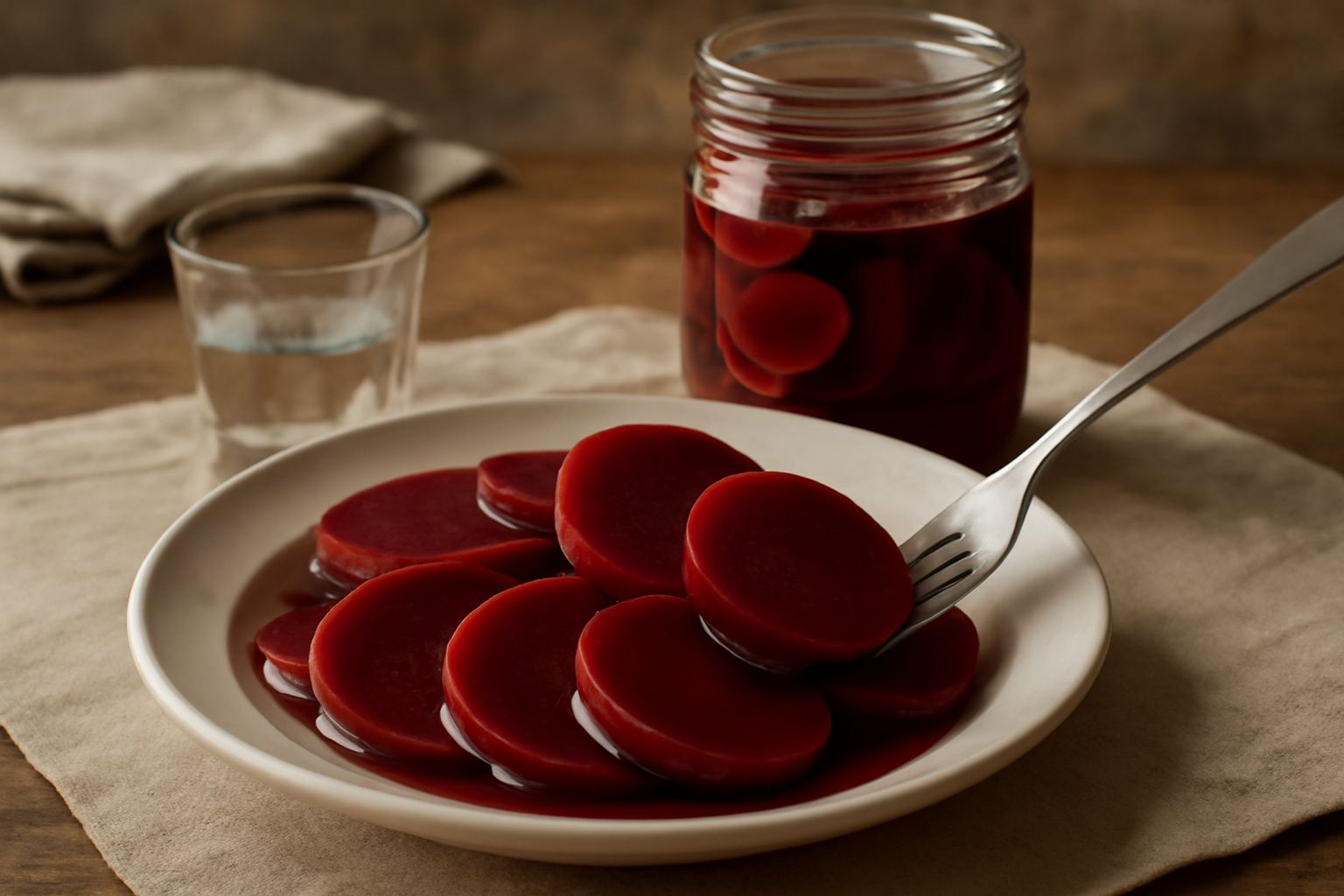 Barbabietole sottaceto tagliate a dischetti, rosso rubino scuro, impilate in un barattolo di vetro trasparente con aceto chiaro, spezie visibili, un cucchiaio d'argento accanto al barattolo aperto