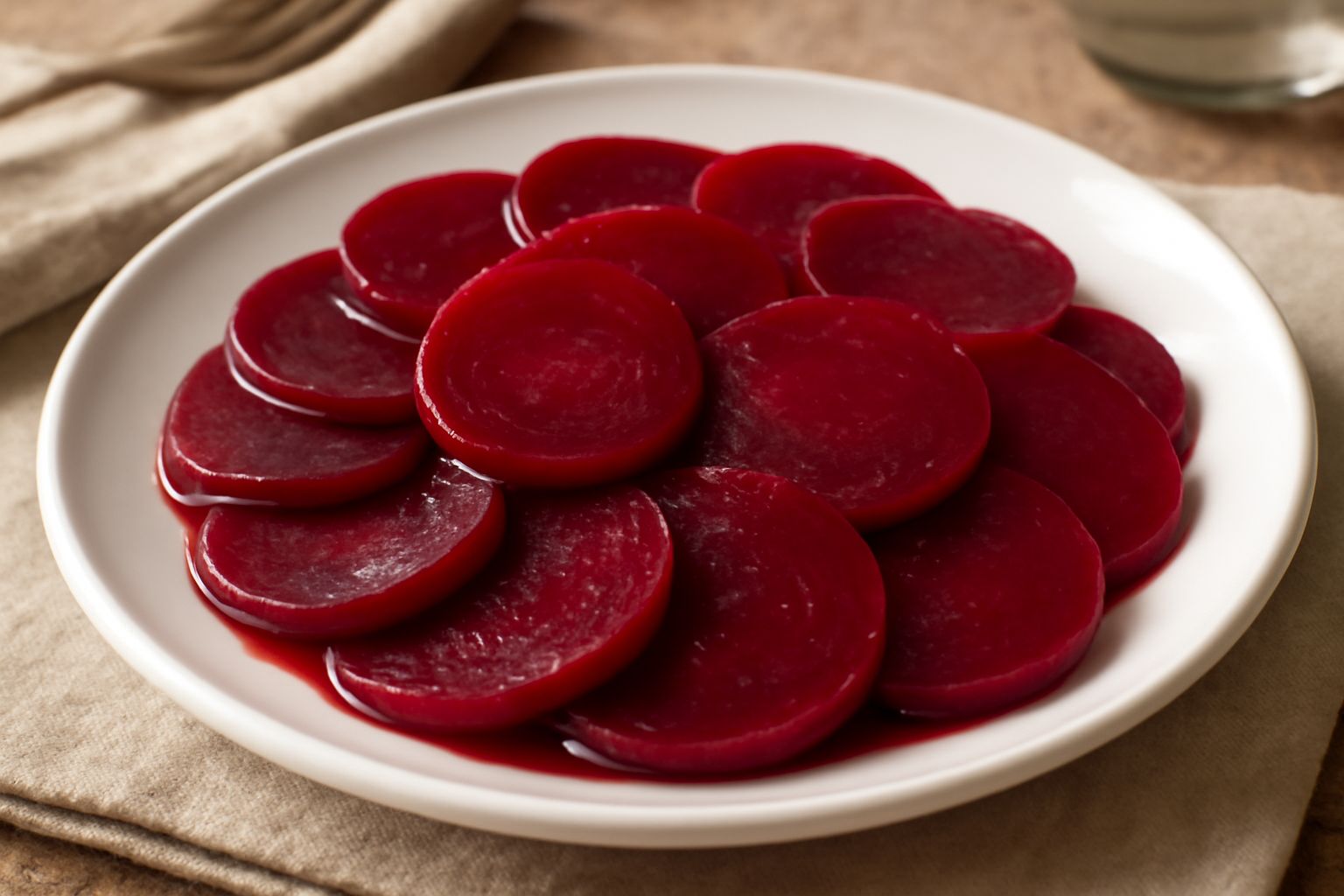 Barbabietole tagliate a fette di colore rosso intenso disposte in un vaso di vetro con aceto chiaro, spezie e aglio, su un tavolo di legno rustico