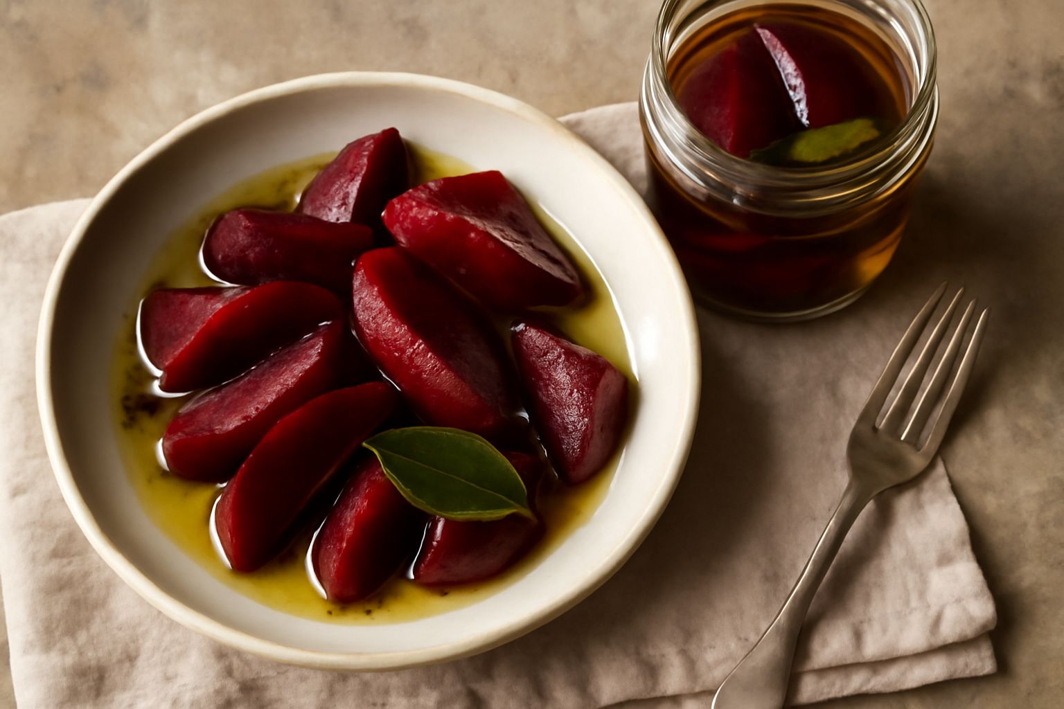 Barattolo di vetro con barbabietole rosse tagliate a spicchi immersi in olio trasparente, con chiodi di garofano e foglie di alloro visibili, fondo bianco