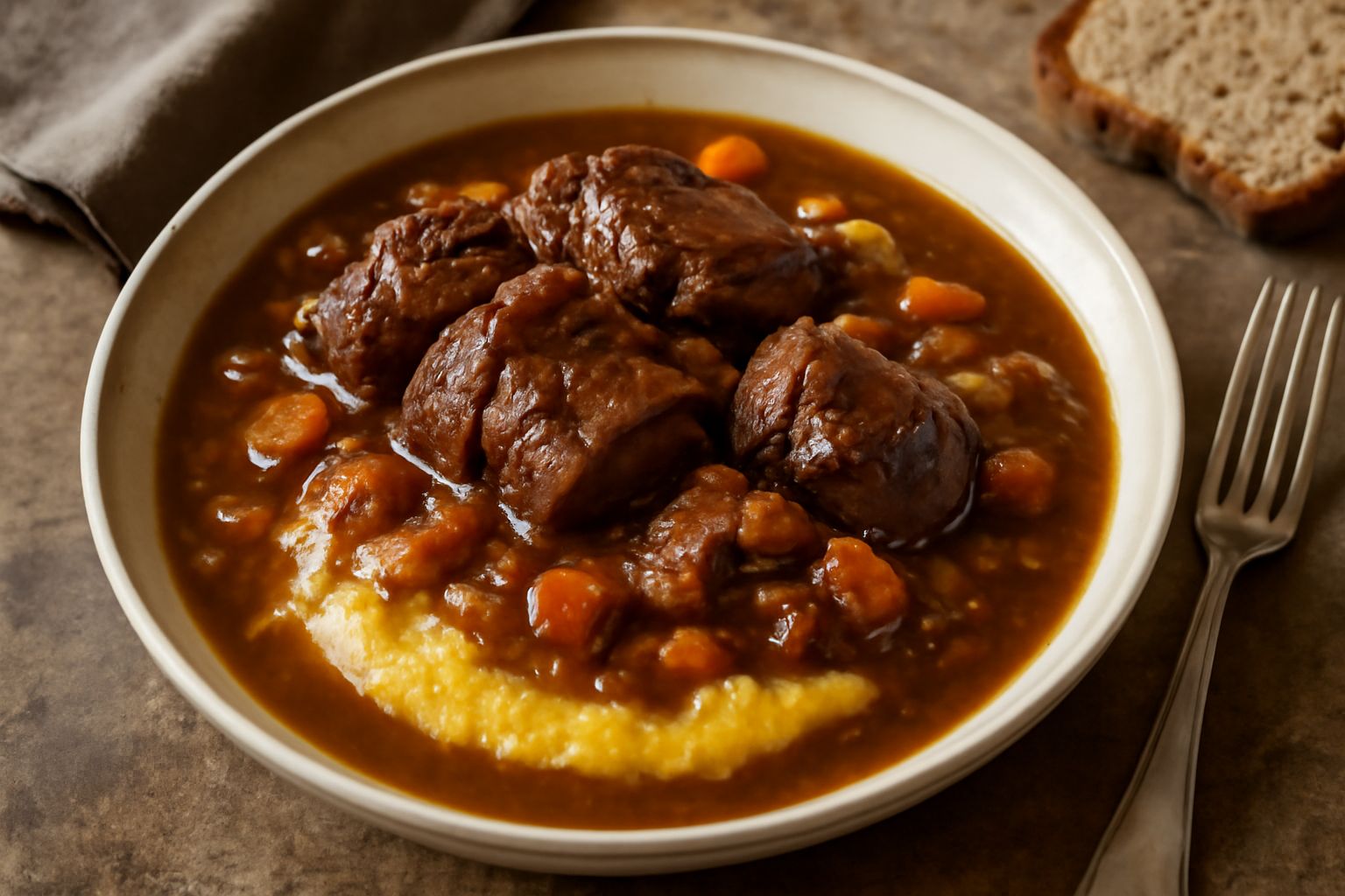 Barbacarlo servito in un piatto fondo color naturale: carne marrone scura, pezzi di verdure colorate, salsa di cottura densa, contorno di polenta gialla morbida