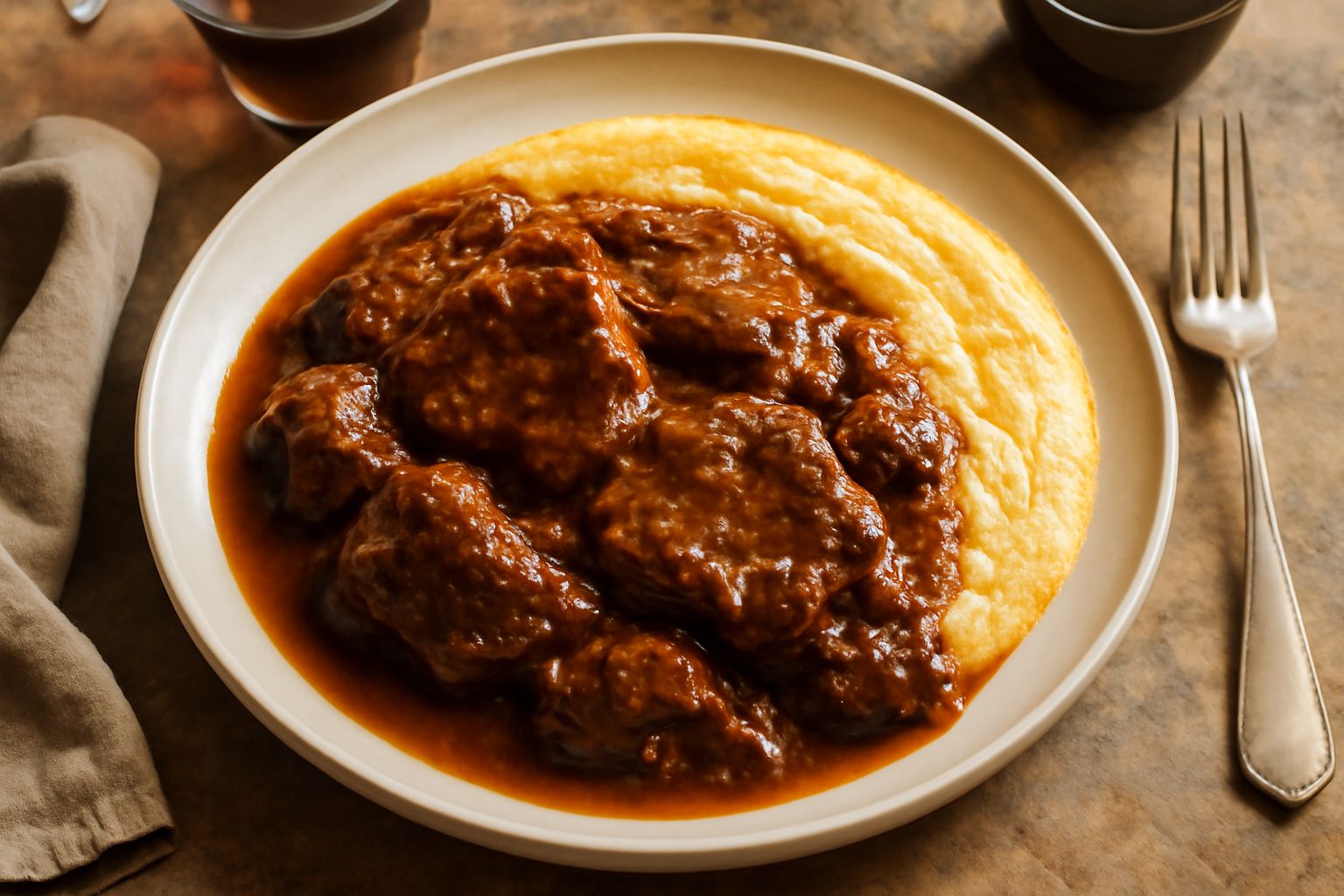 Barbaresco piemontese nel piatto: fette di carne scura e morbida in salsa ricca, contorno di polenta cremosa, vapore tiepido, forchetta sul bordo del piatto bianco