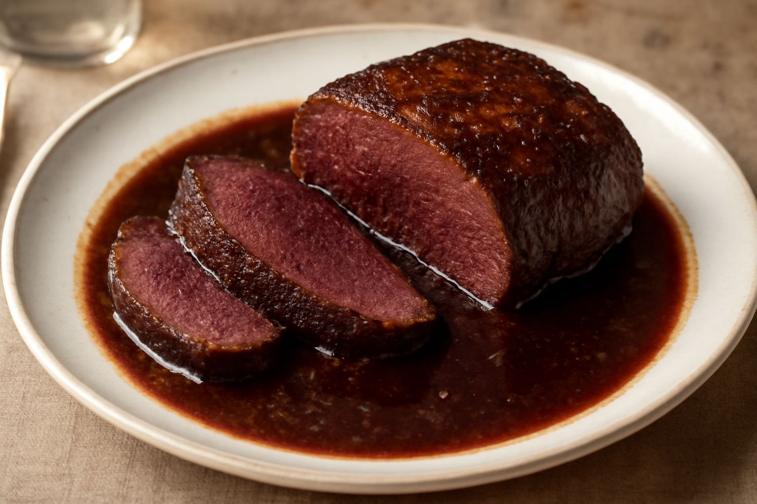 Brasato intero rosso scuro su piatto bianco fondo, sugo lucido attorno, fettine di carota e sedano cotto nei bordi, prezzemolo fresco come guarnizione, sfondo sfocato scuro