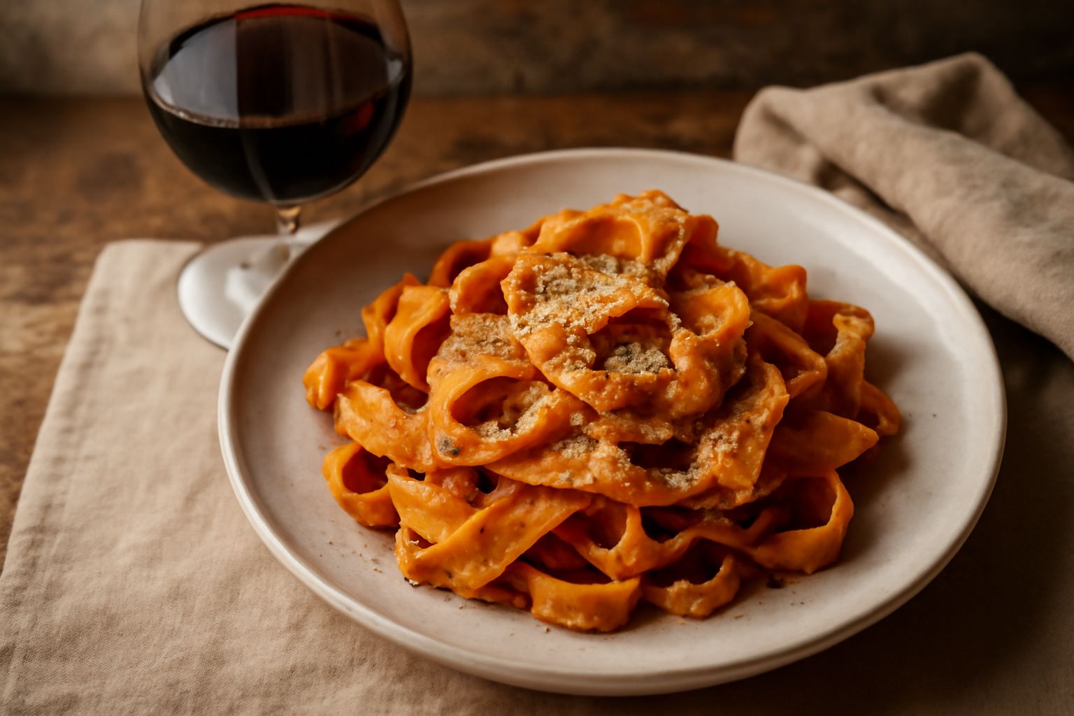 Bicchiere di vino rosso Barbera d'Alba dal colore rubino intenso, posato su una tavola di legno scuro con accanto uva rossa e un tovagliolo di lino bianco.
