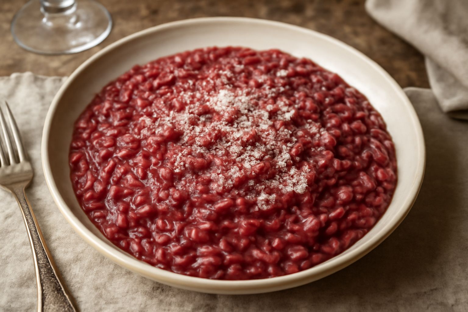 Un bicchiere di Barbera d'Asti color rosso rubino con sfumature granate accanto a una pentola di risotto in cottura e un pezzo di carne rossa cruda su un tagliere in legno