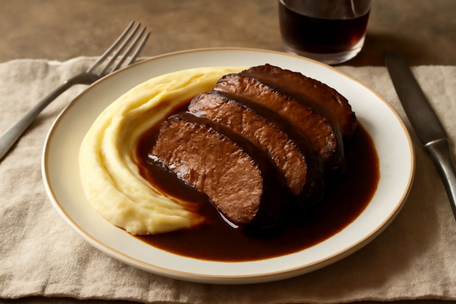 Brasato di manzo marrone scuro affettato nel piatto bianco, circondato da salsa di vino rosso scuro, con carota e sedano teneri visibili, contorno di purè di patate color crema, guarnizione di rosmari