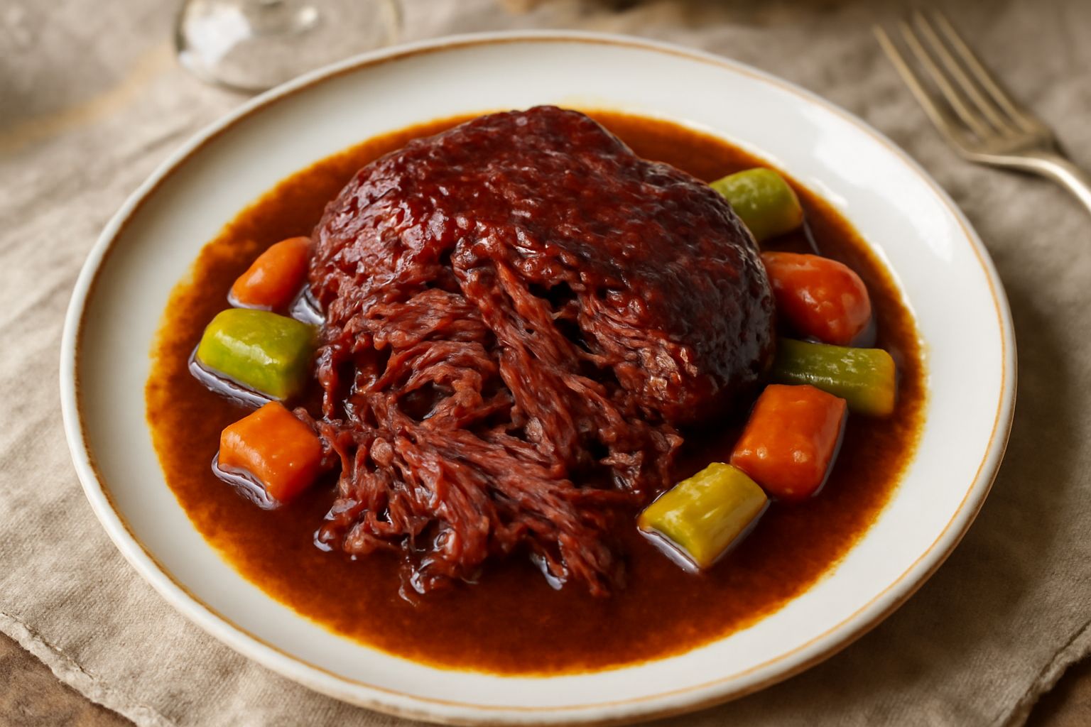 Brasato sfibrato di manzo rosso scuro in un piatto fondo bianco con salsa di Barbera, circondata da carote e sedano cotti, coperto da un leggero strato di brodo denso e profumato