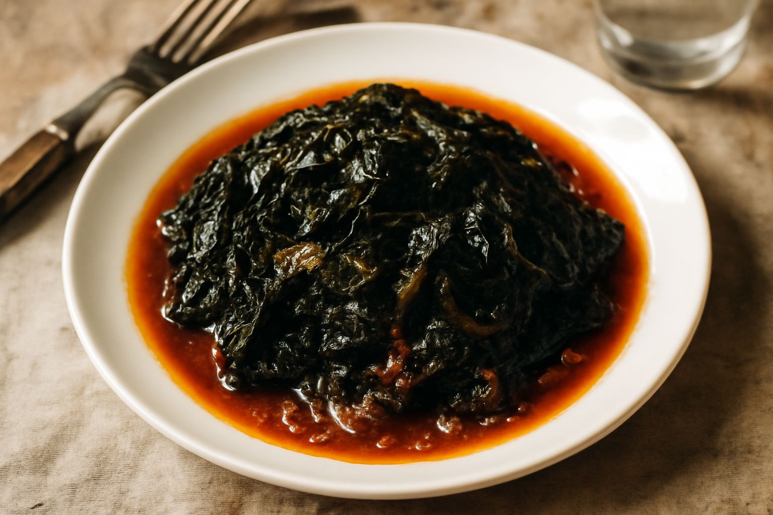 Barbera della Lombardia cotta in umido in piatto bianco, foglie verde scuro e tenere immerse in sugo di pomodoro rosso brillante, cipolla trasparente e olio d'oliva lucido, contorno di pane tostato
