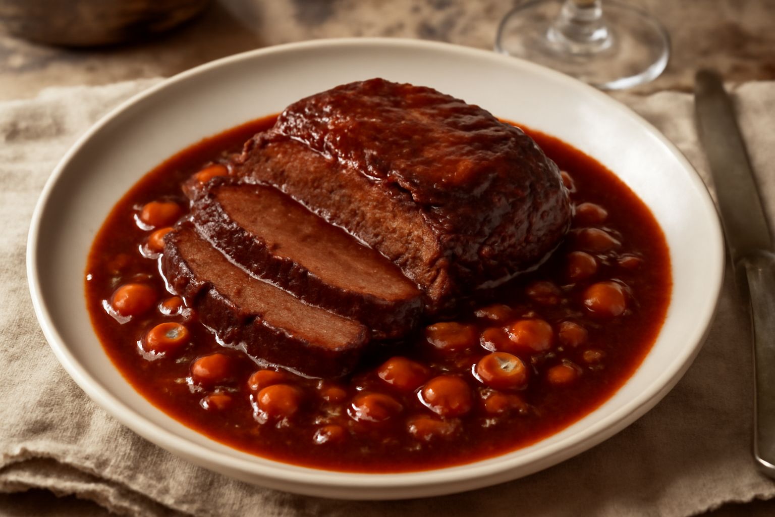 Bicchiere di Barbera rosso scuro servito accanto a un piatto di brasato in umido con verdure di stagione, salsa lucida color bordeaux, prezzemolo fresco tritato sopra, in sottofondo bottiglia di Barbe
