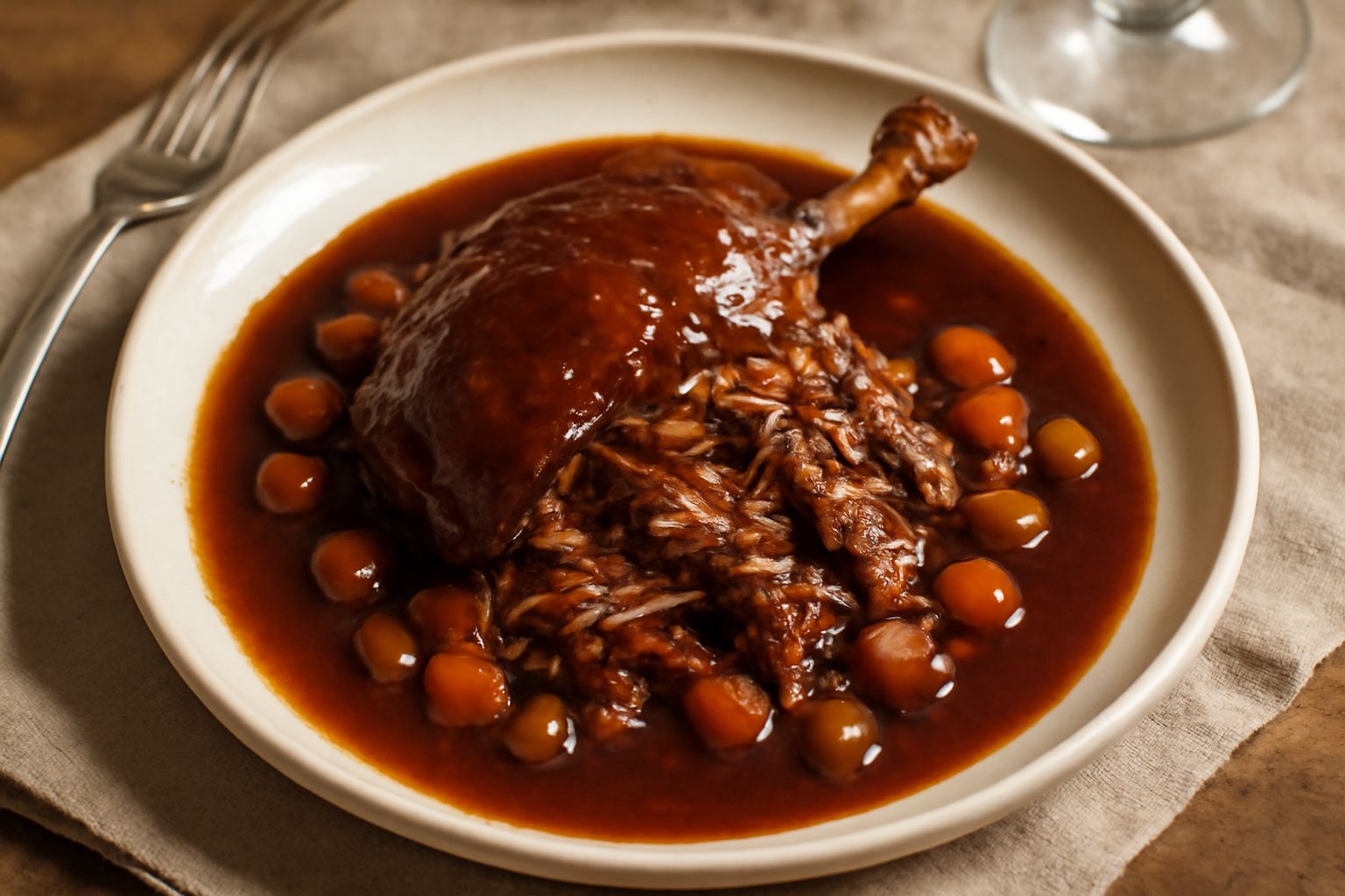 Brasato d'anatra in terracotta con salsa scura e densa di Barbera, contornato da carote e sedano, vapore leggero che sale dal piatto caldo, servito con pane tostato ai lati