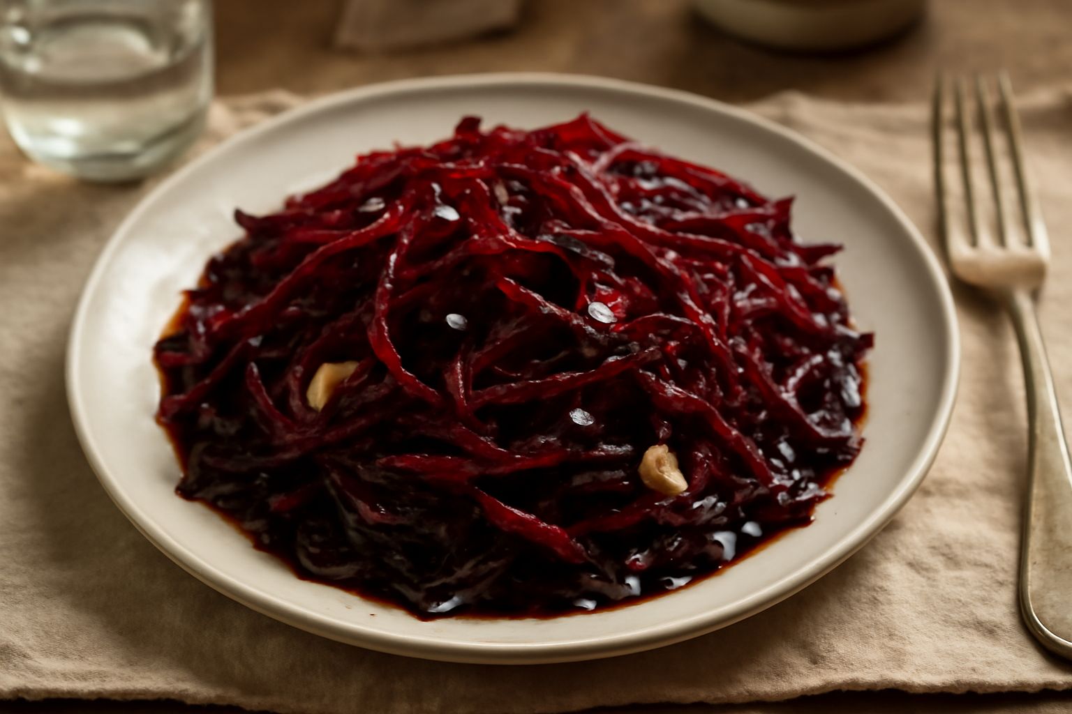 Barbabietole rosse tagliate a julienne in un piatto bianco, condite con aceto scuro e aglio, con una foglia di alloro sopra e un filo d'olio d'oliva dorato