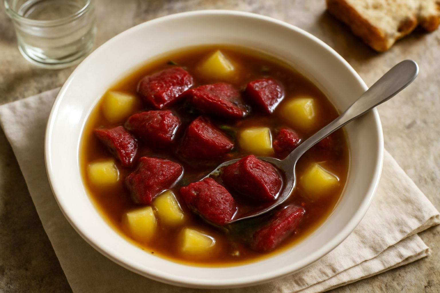 Ciotola di ceramica con «barbi» rosso scuro tagliati a pezzi in brodo trasparente, con qualche patata gialla e radice di prezzemolo, vapore appena visibile, cucchiaio di metallo appoggiato al bordo