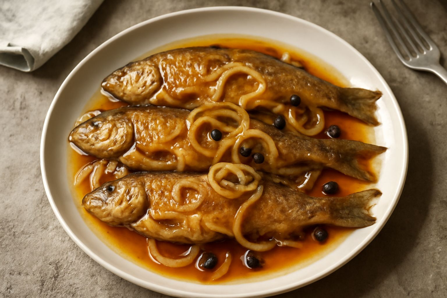 Piatto di ceramica bianca con barbi interi cotti ricoperti di marinata gialla ambrata, cipolla affettata sottile e foglie di alloro, accompagnati da carota e sedano sfumati
