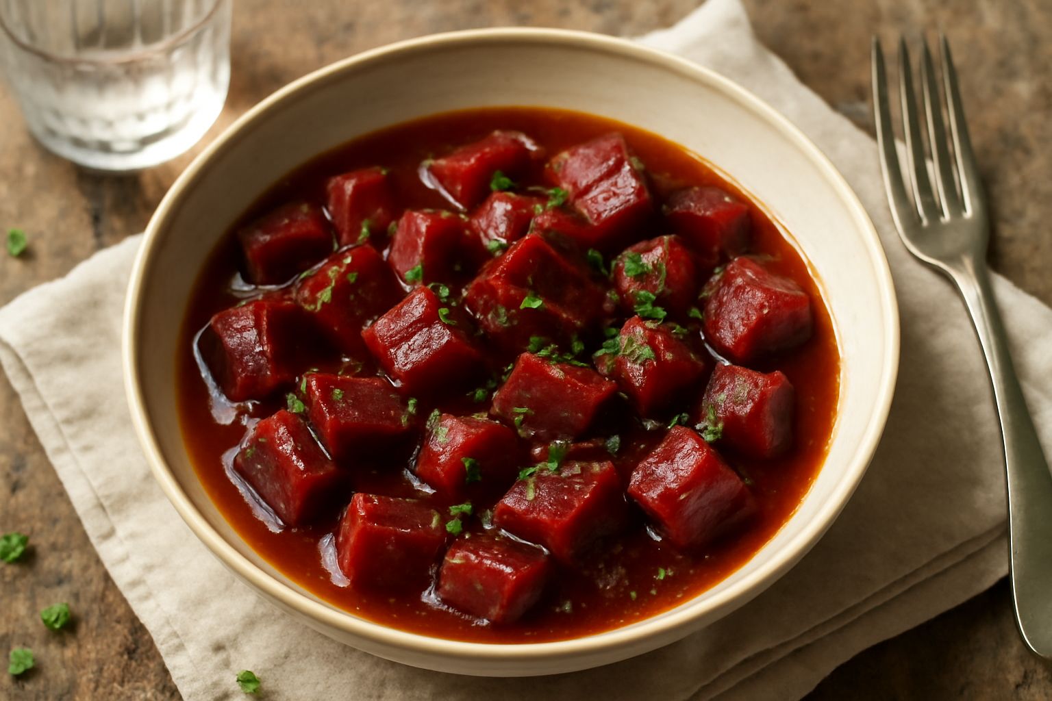 Barbi rosso scuro in umido in una ciotola di ceramica bianca, ricoperti di sugo marrone scuro, con cipolla visibile, guarniti con prezzemolo fresco e contorno di pane integrale tostato