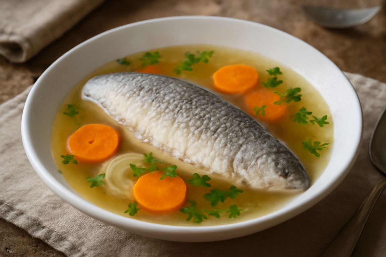 Piatto bianco con barbio intero o filettato immerso in brodo trasparente, contornato da cipolle affettate, carota e prezzemolo fresco, con vapore leggero
