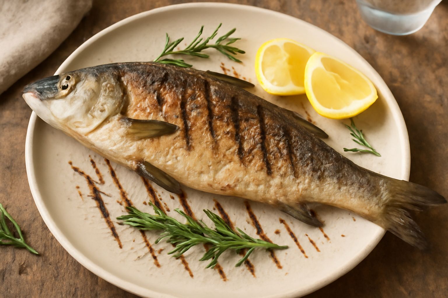 Barbo intero alla griglia dorato e croccante su un piatto bianco, garnito con limone tagliato a fette, rosmarino fresco e olio d'oliva