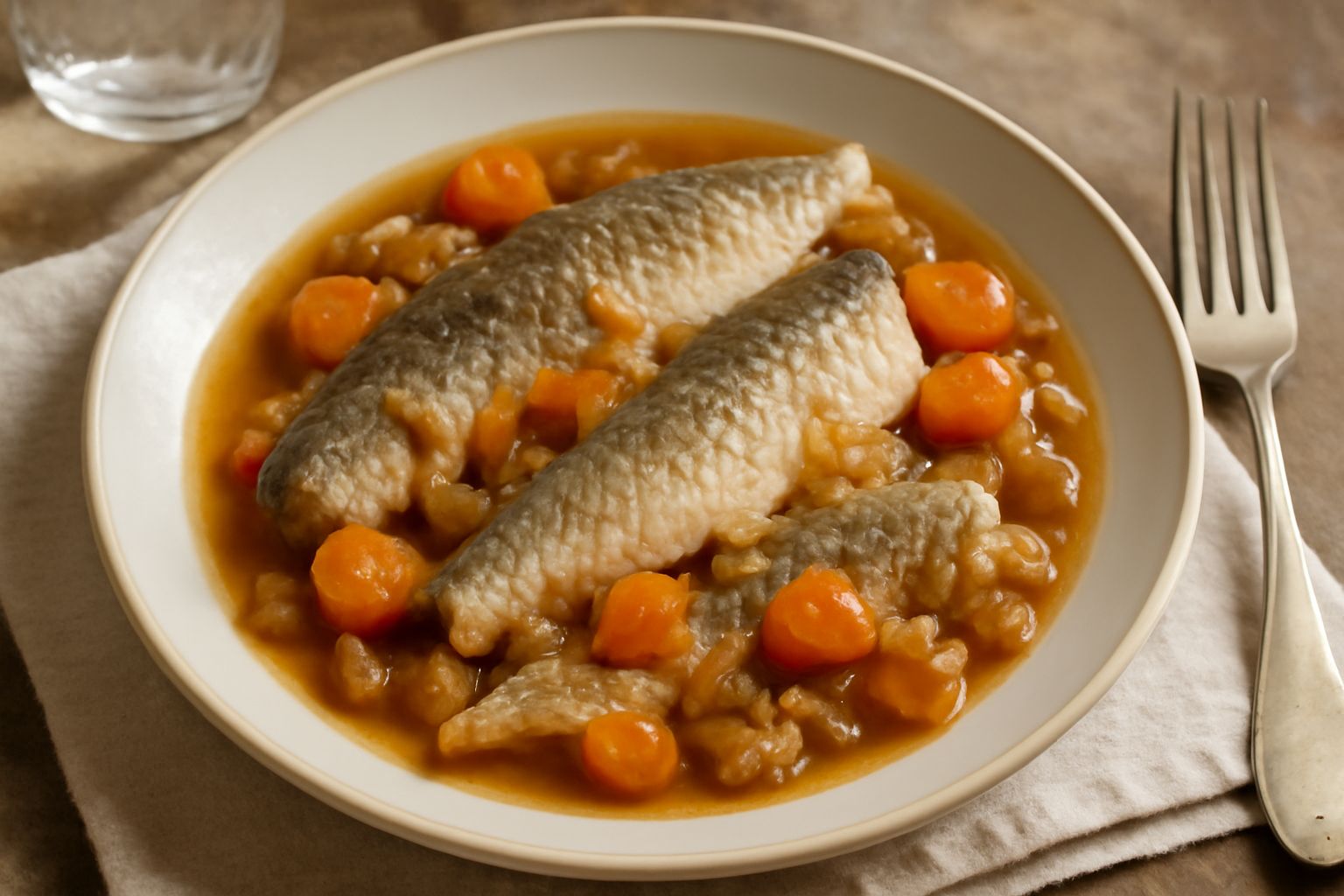 Barbo cotto in umido in un piatto fondo di ceramica bianca, con fettine di pesce grigio-argenteo circondate da verdure morbide, cipolla gialla caramellata e brodo limpido, guarnito con prezzemolo fres