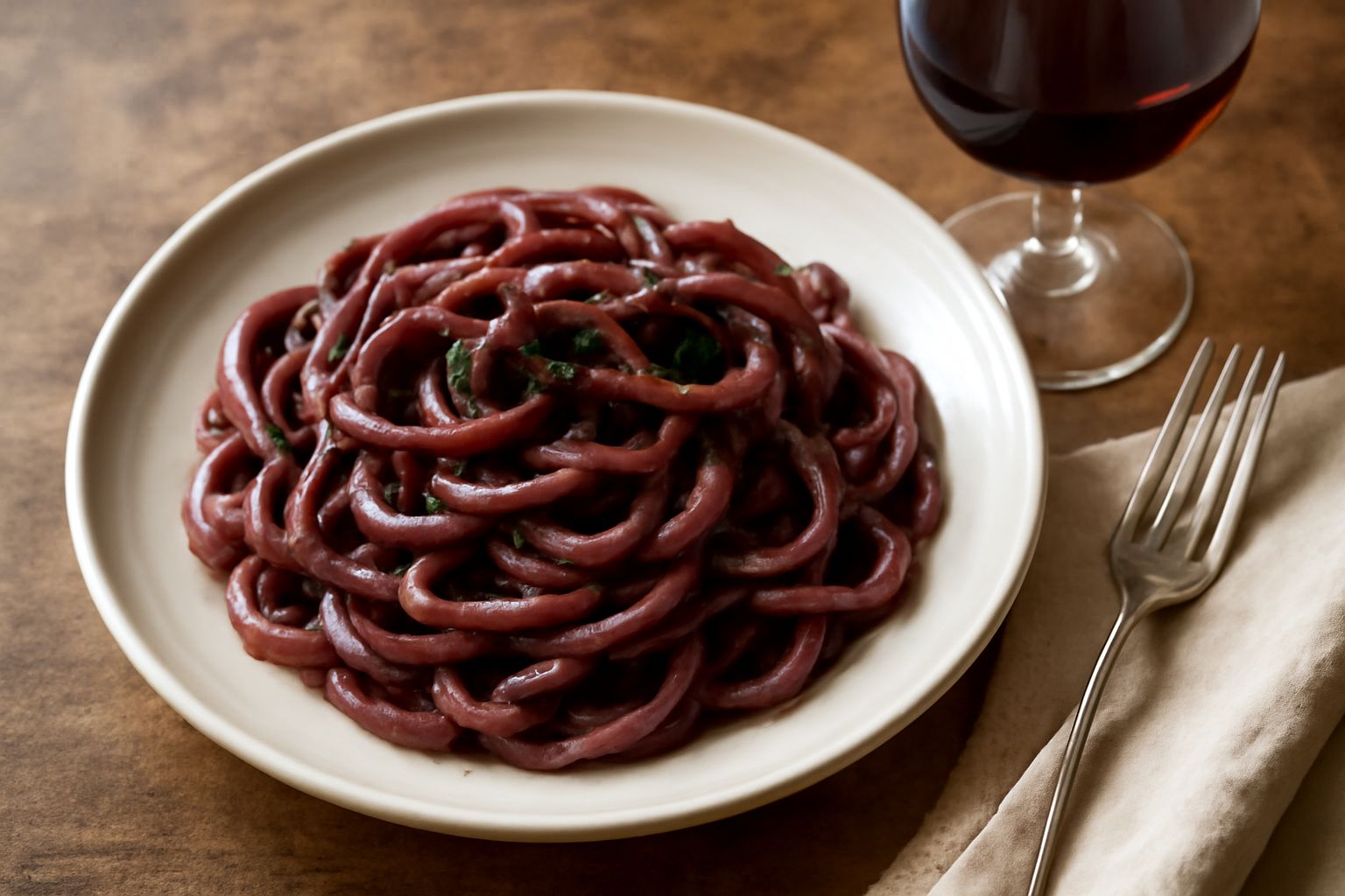 Un calice di Bardolino rosso rubino semitrasparente davanti a una bottiglia, accanto a un piatto di risotto al vino con cucchiaio di legno e pepe nero macinato