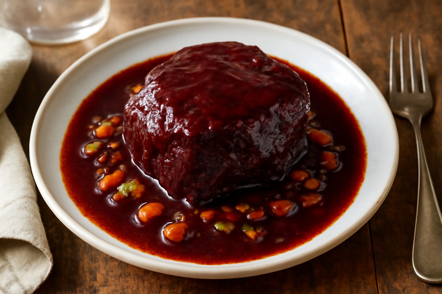 Pentola in terracotta con braisato di carne scura, salsa lucida color bordeaux, fettucce di sedano e carota, vapore leggero, piatto bianco fondo neutro