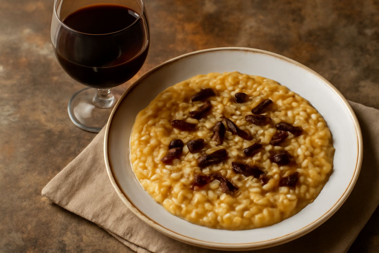 Bottiglia di Barolo Chinato scuro con liquore bordeaux profondo, accanto bicchieri di vetro trasparente contenenti il vino aromatizzato, spezie sparse (cannella, chiodi di garofano) e una stecca di va