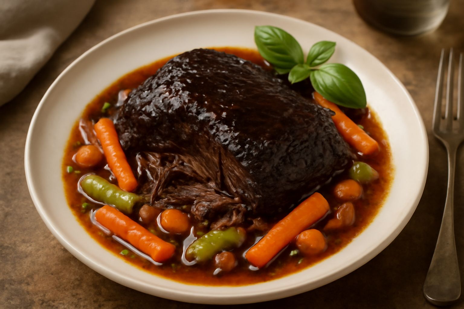 Un brasato di manzo scuro e lucido in un piatto bianco, coperto di salsa bordeaux ricca, contornato da carote e sedano cotti, con fette di pane tostato accanto